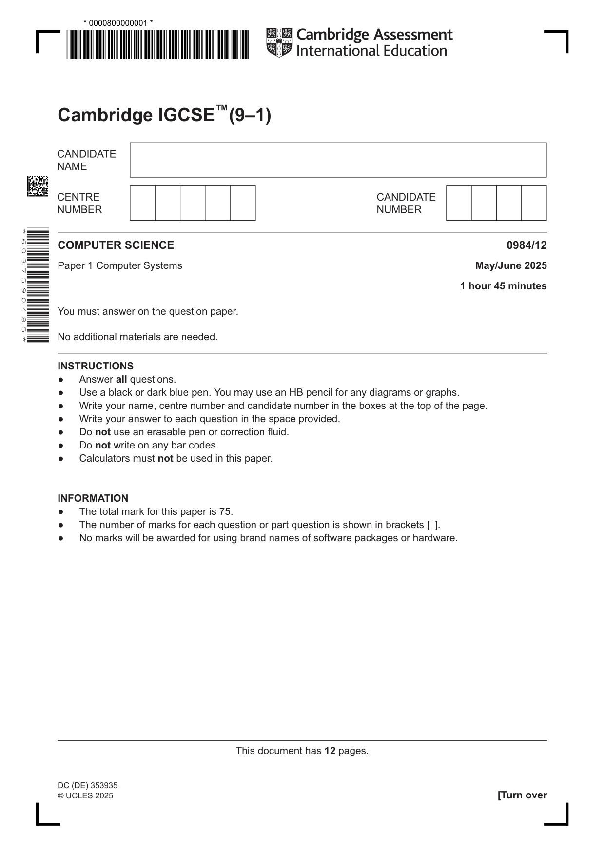 Cambridge IGCSE Computer Science (9-1) 0984 2025 May/June Paper 1 · Variant 2 question paper, page 1 of 12