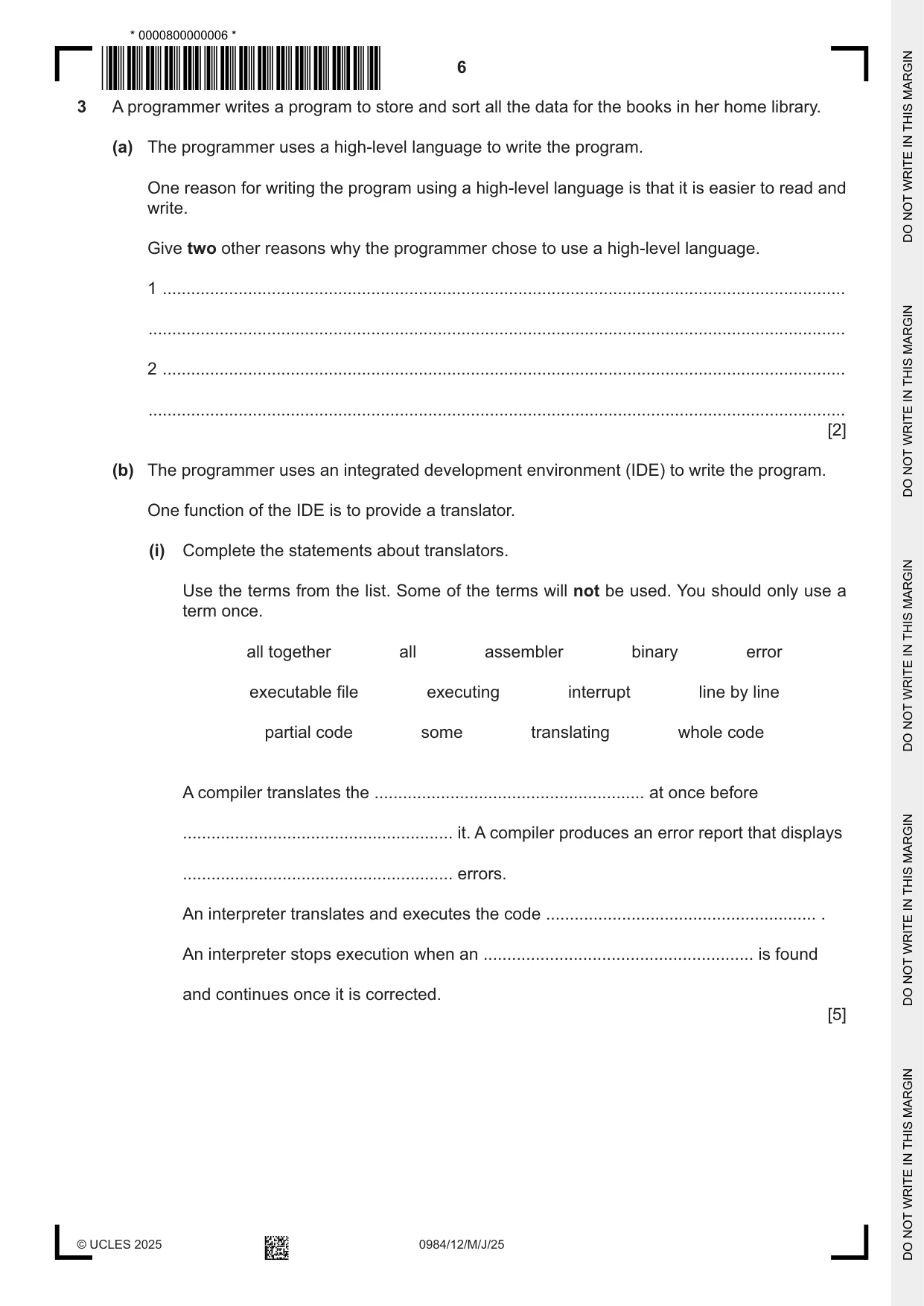 Cambridge IGCSE Computer Science (9-1) 0984 2025 May/June Paper 1 · Variant 2 question paper, page 6 of 12
