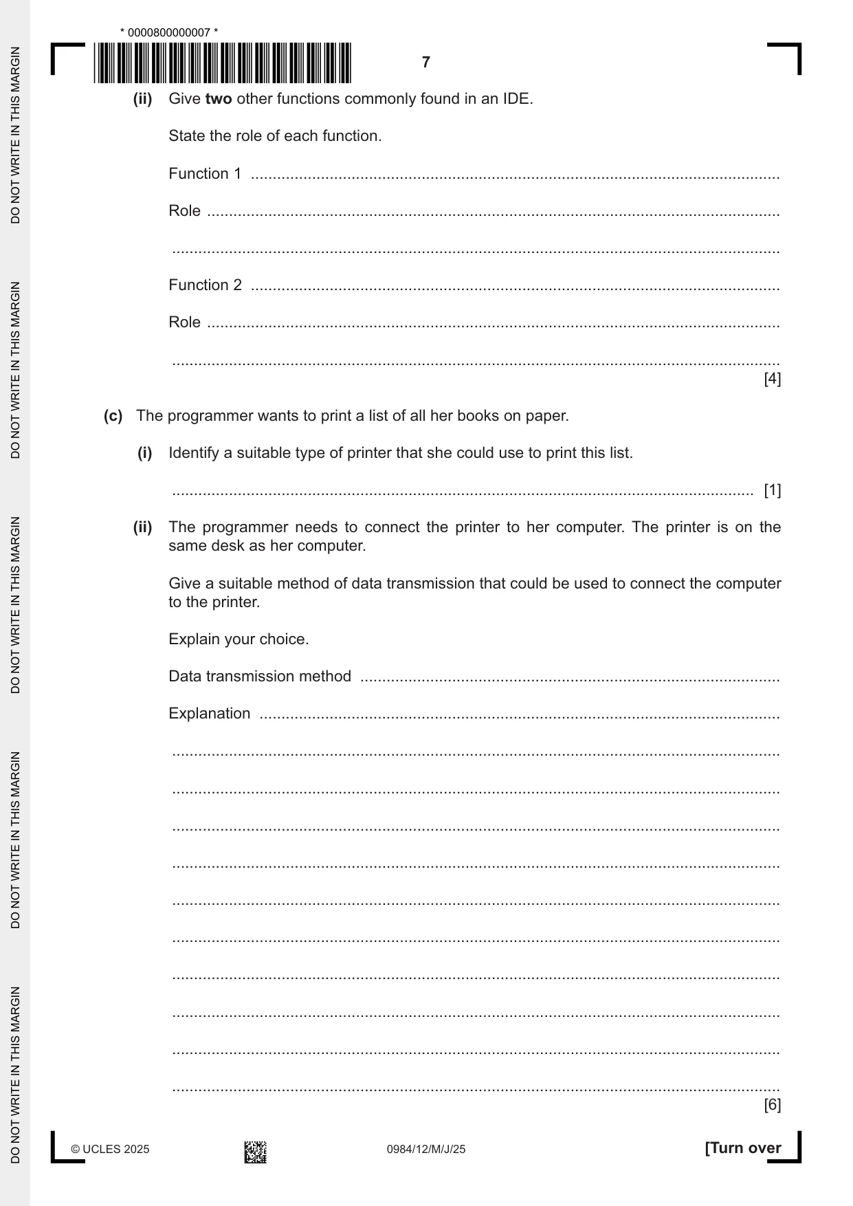 Cambridge IGCSE Computer Science (9-1) 0984 2025 May/June Paper 1 · Variant 2 question paper, page 7 of 12