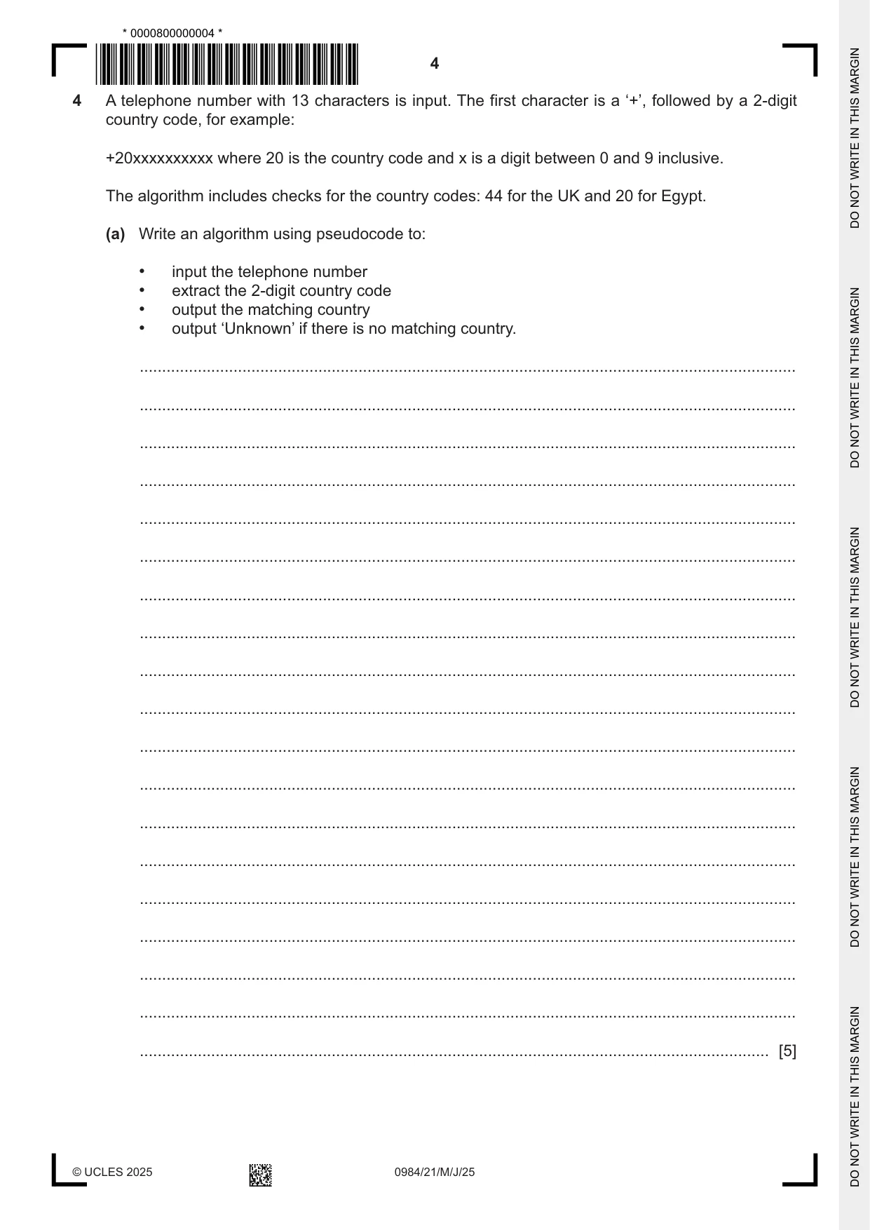 Cambridge IGCSE Computer Science (9-1) 0984 2025 May/June Paper 2 · Variant 1 question paper, page 4 of 16