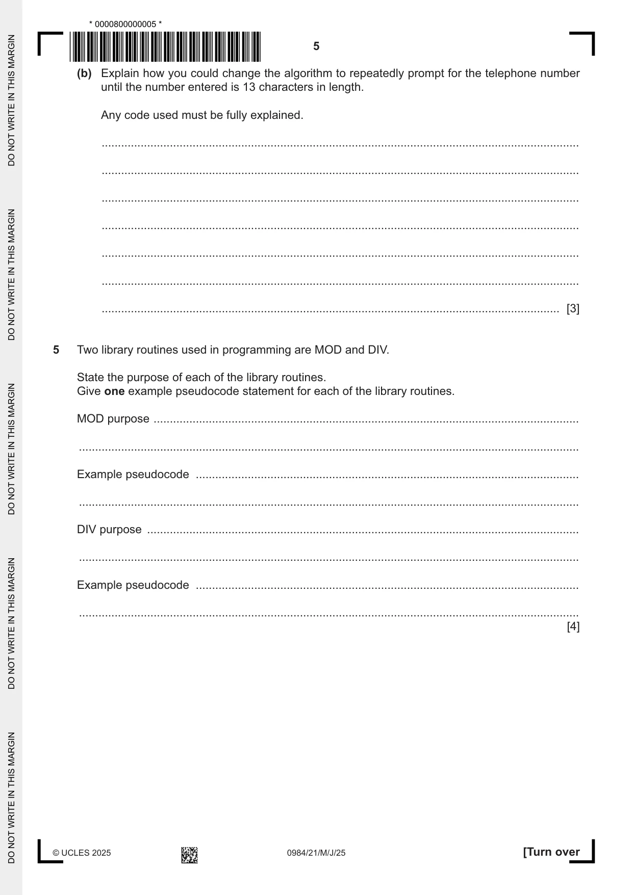 Cambridge IGCSE Computer Science (9-1) 0984 2025 May/June Paper 2 · Variant 1 question paper, page 5 of 16