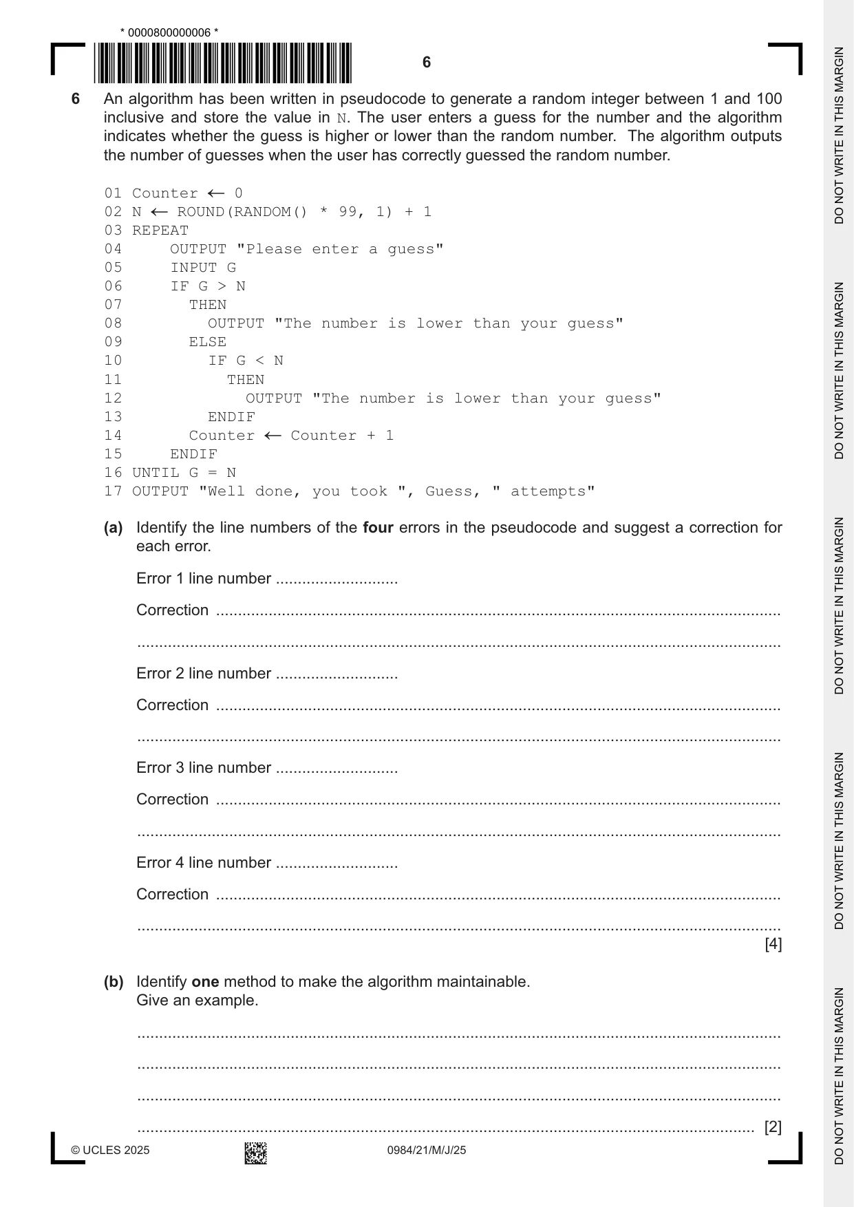 Cambridge IGCSE Computer Science (9-1) 0984 2025 May/June Paper 2 · Variant 1 question paper, page 6 of 16