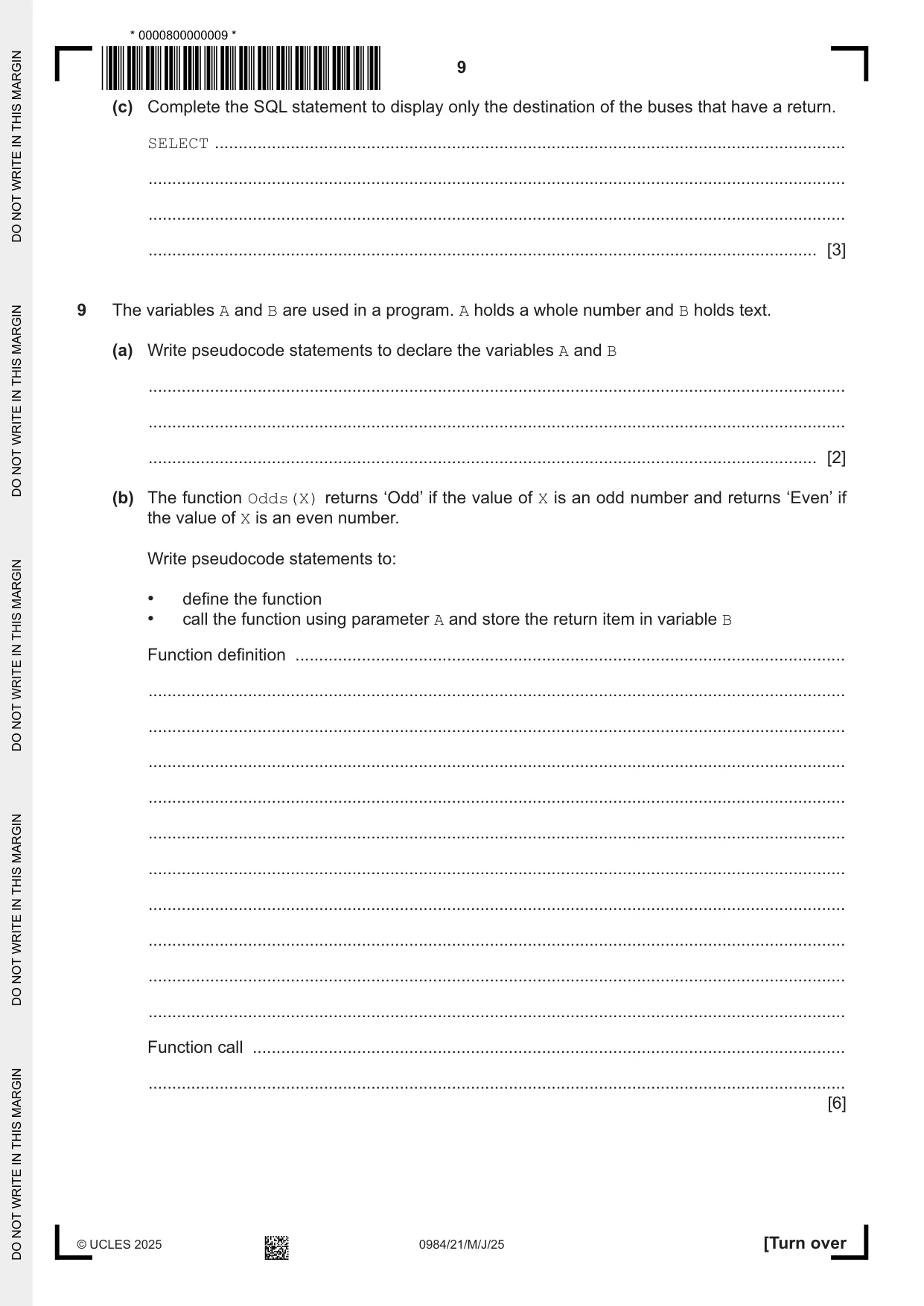 Cambridge IGCSE Computer Science (9-1) 0984 2025 May/June Paper 2 · Variant 1 question paper, page 9 of 16