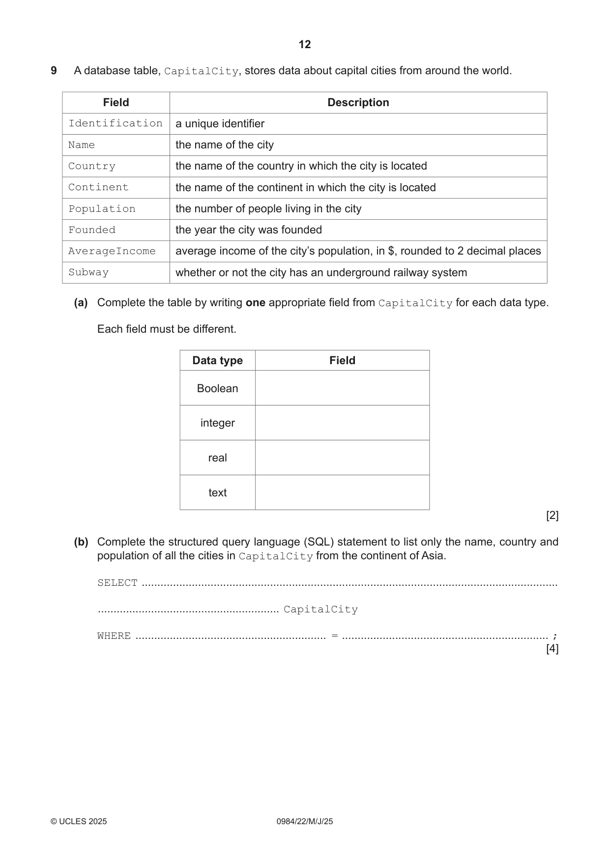 Cambridge IGCSE Computer Science (9-1) 0984 2025 May/June Paper 2 · Variant 2 question paper, page 12 of 16