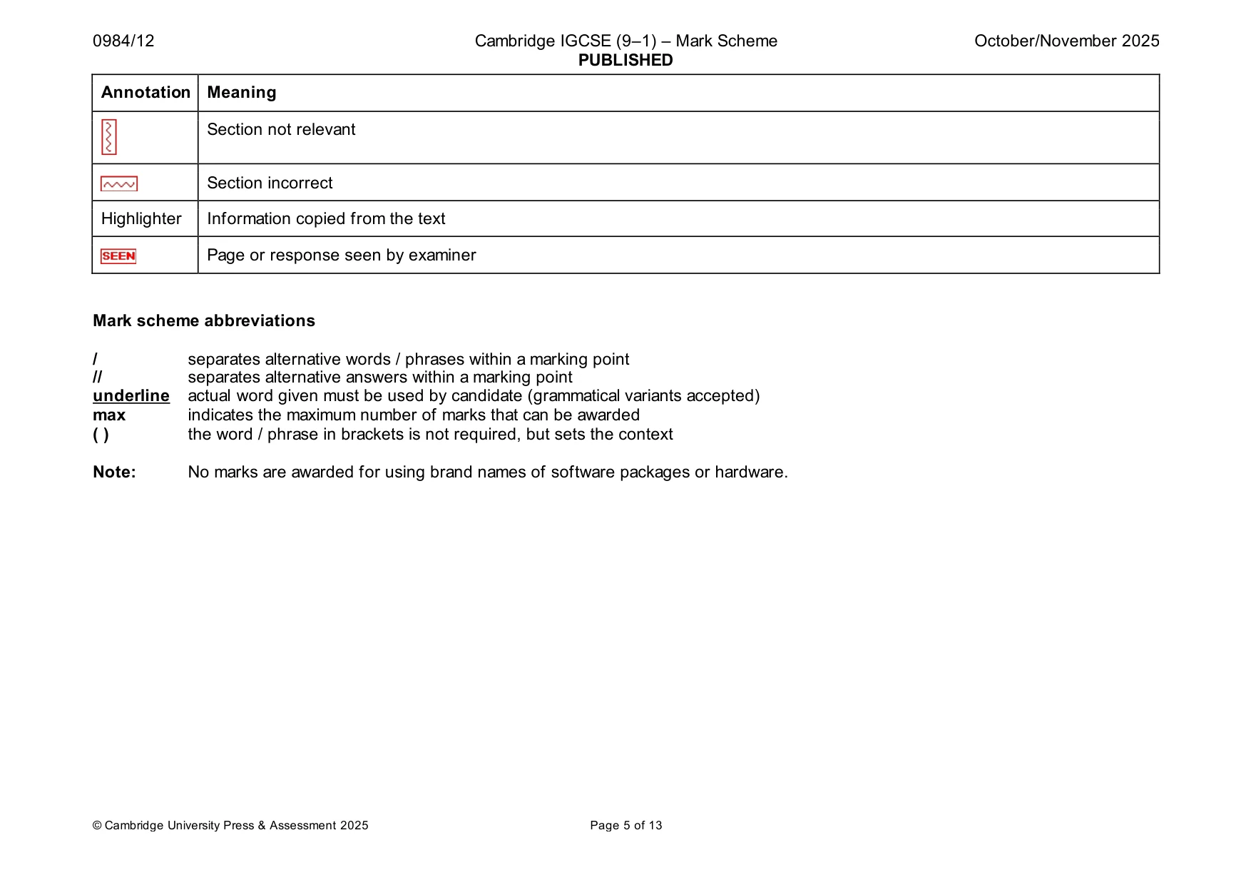 Mark scheme, page 5 of 13