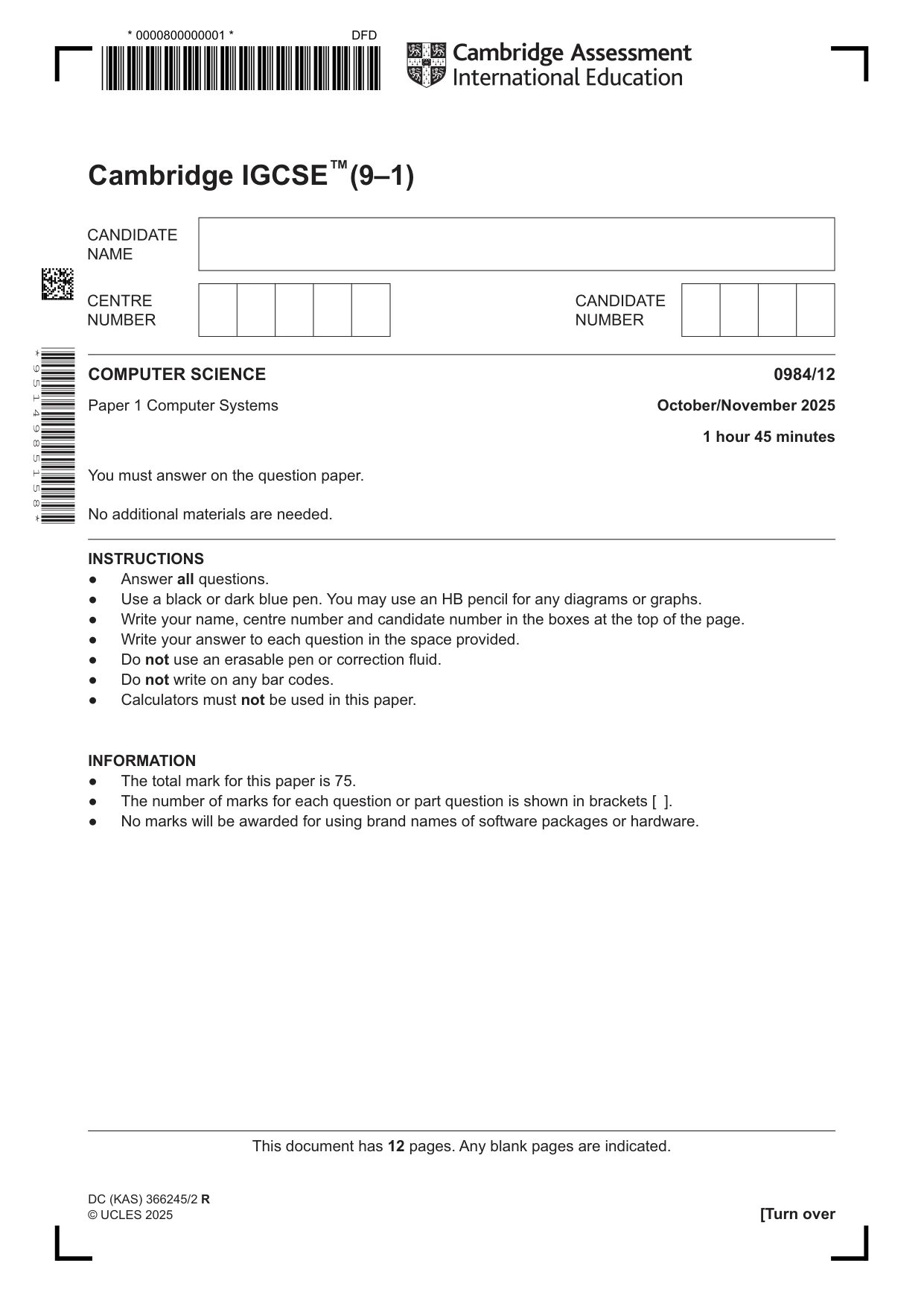 Cambridge IGCSE Computer Science (9-1) 0984 2025 Oct/Nov Paper 1 · Variant 2 question paper, page 1 of 12