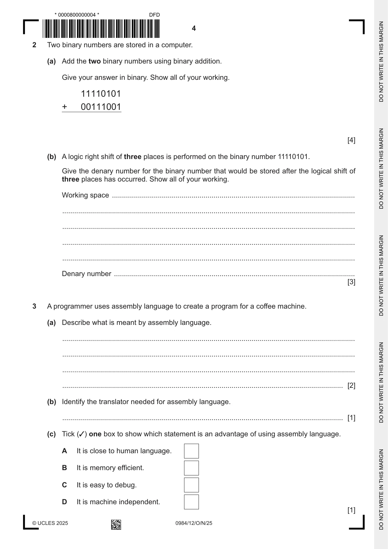 Cambridge IGCSE Computer Science (9-1) 0984 2025 Oct/Nov Paper 1 · Variant 2 question paper, page 4 of 12