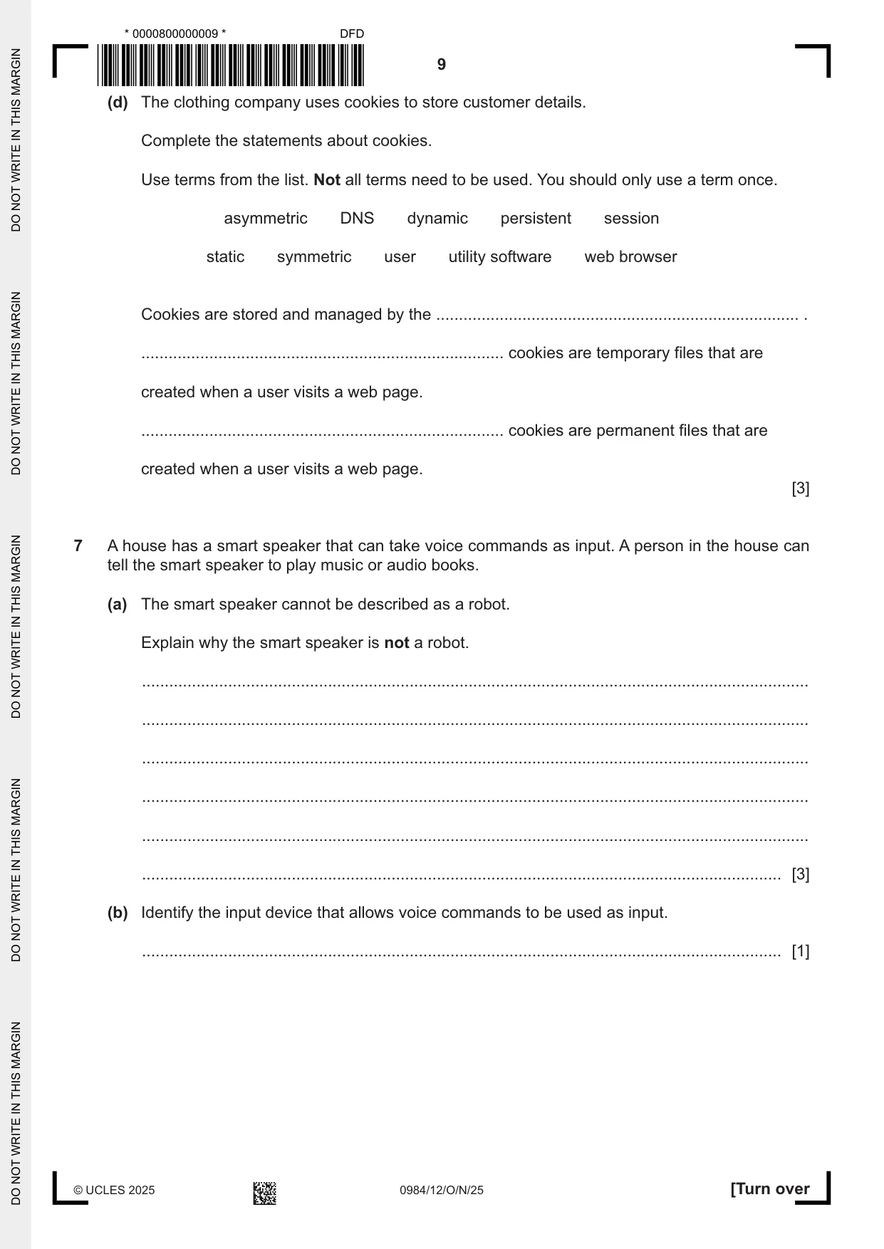 Cambridge IGCSE Computer Science (9-1) 0984 2025 Oct/Nov Paper 1 · Variant 2 question paper, page 9 of 12