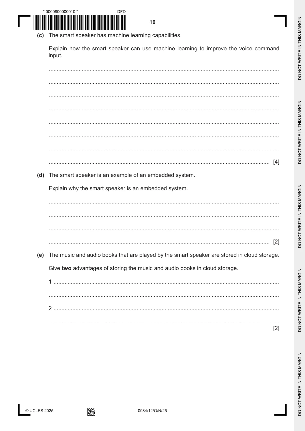 Cambridge IGCSE Computer Science (9-1) 0984 2025 Oct/Nov Paper 1 · Variant 2 question paper, page 10 of 12