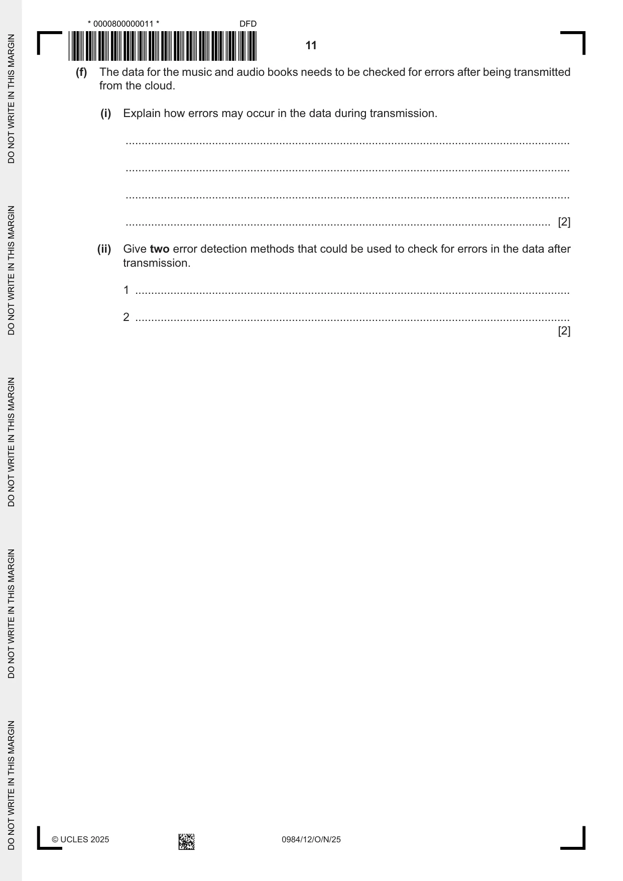 Cambridge IGCSE Computer Science (9-1) 0984 2025 Oct/Nov Paper 1 · Variant 2 question paper, page 11 of 12