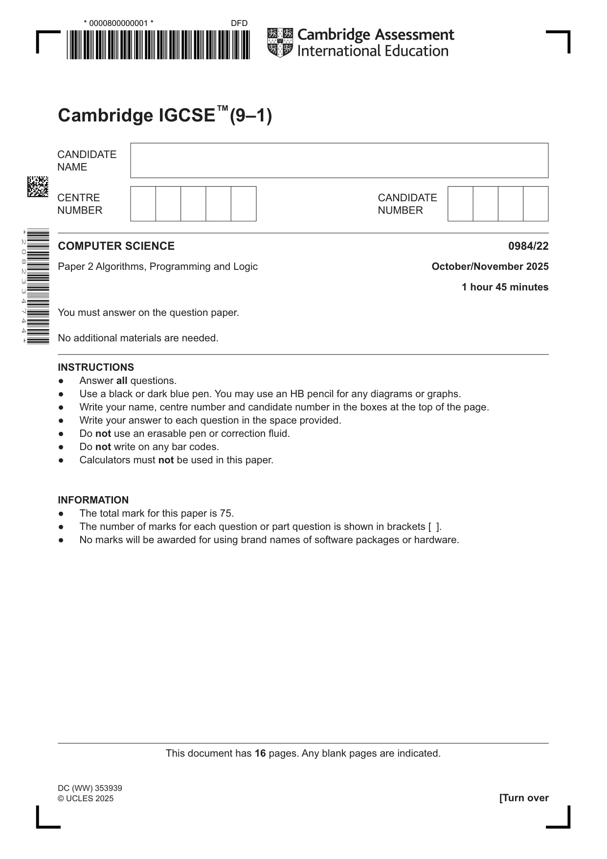 Cambridge IGCSE Computer Science (9-1) 0984 2025 Oct/Nov Paper 2 · Variant 2 question paper, page 1 of 16