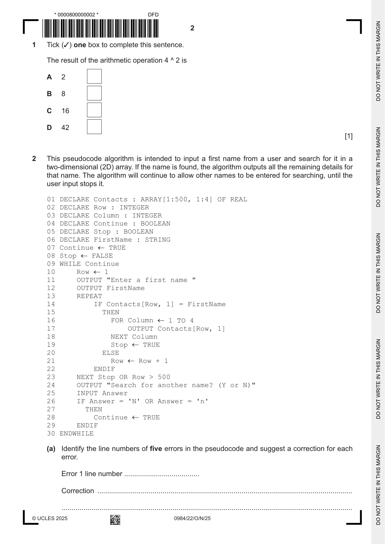 Cambridge IGCSE Computer Science (9-1) 0984 2025 Oct/Nov Paper 2 · Variant 2 question paper, page 2 of 16