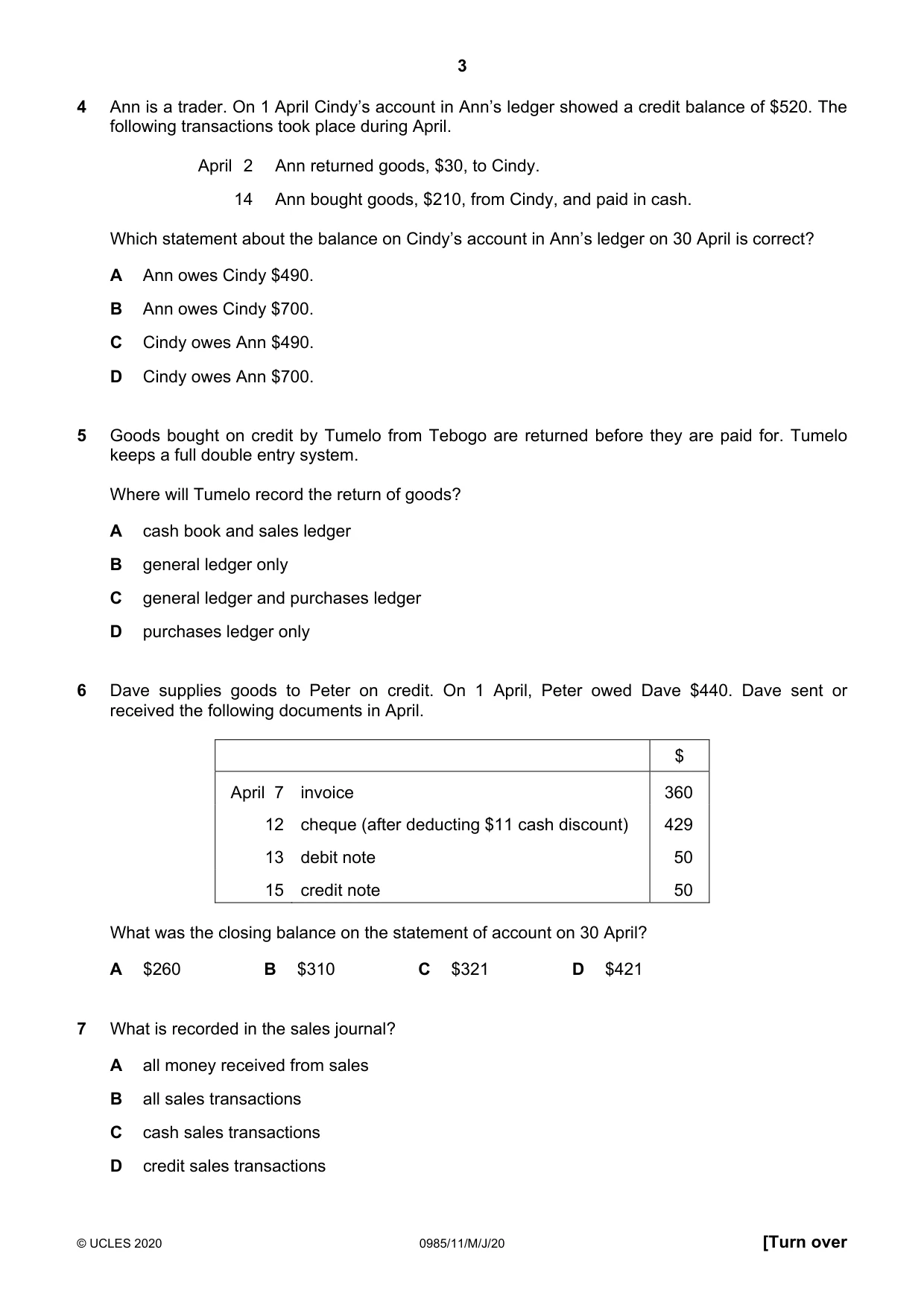 Cambridge IGCSE Accounting (9-1) 0985 2020 May/June Paper 1 · Variant 1 question paper, page 3 of 12