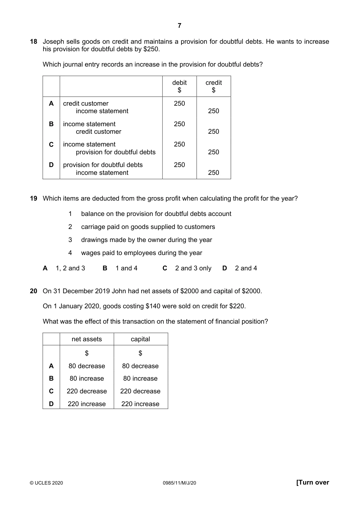 Cambridge IGCSE Accounting (9-1) 0985 2020 May/June Paper 1 · Variant 1 question paper, page 7 of 12