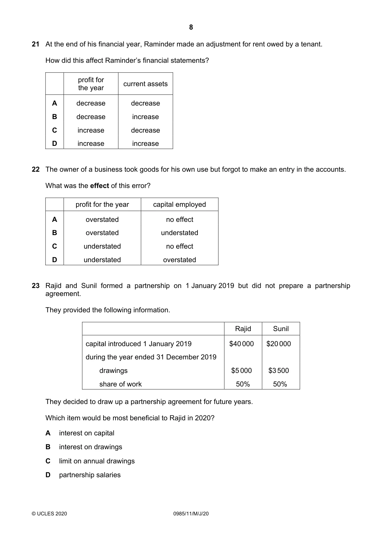 Cambridge IGCSE Accounting (9-1) 0985 2020 May/June Paper 1 · Variant 1 question paper, page 8 of 12
