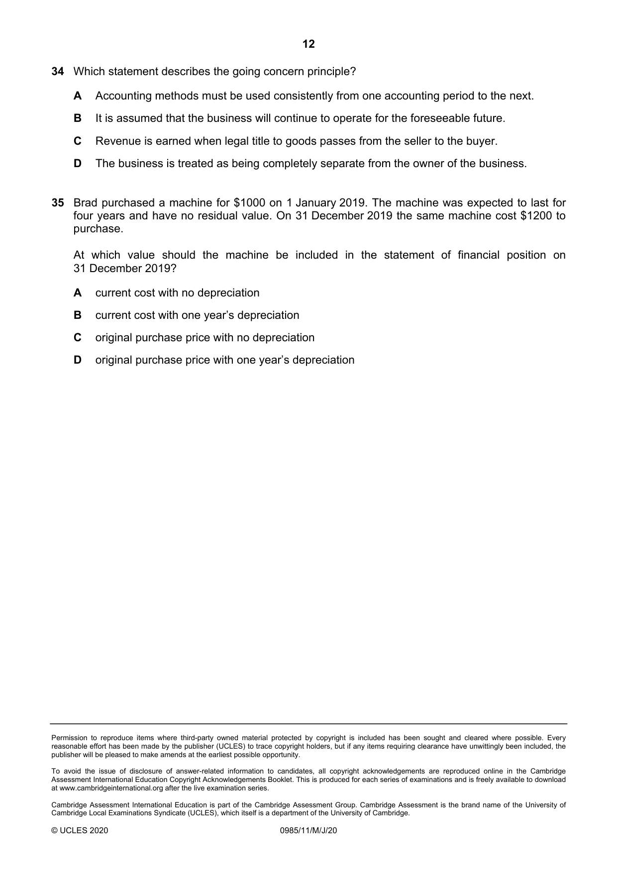 Cambridge IGCSE Accounting (9-1) 0985 2020 May/June Paper 1 · Variant 1 question paper, page 12 of 12
