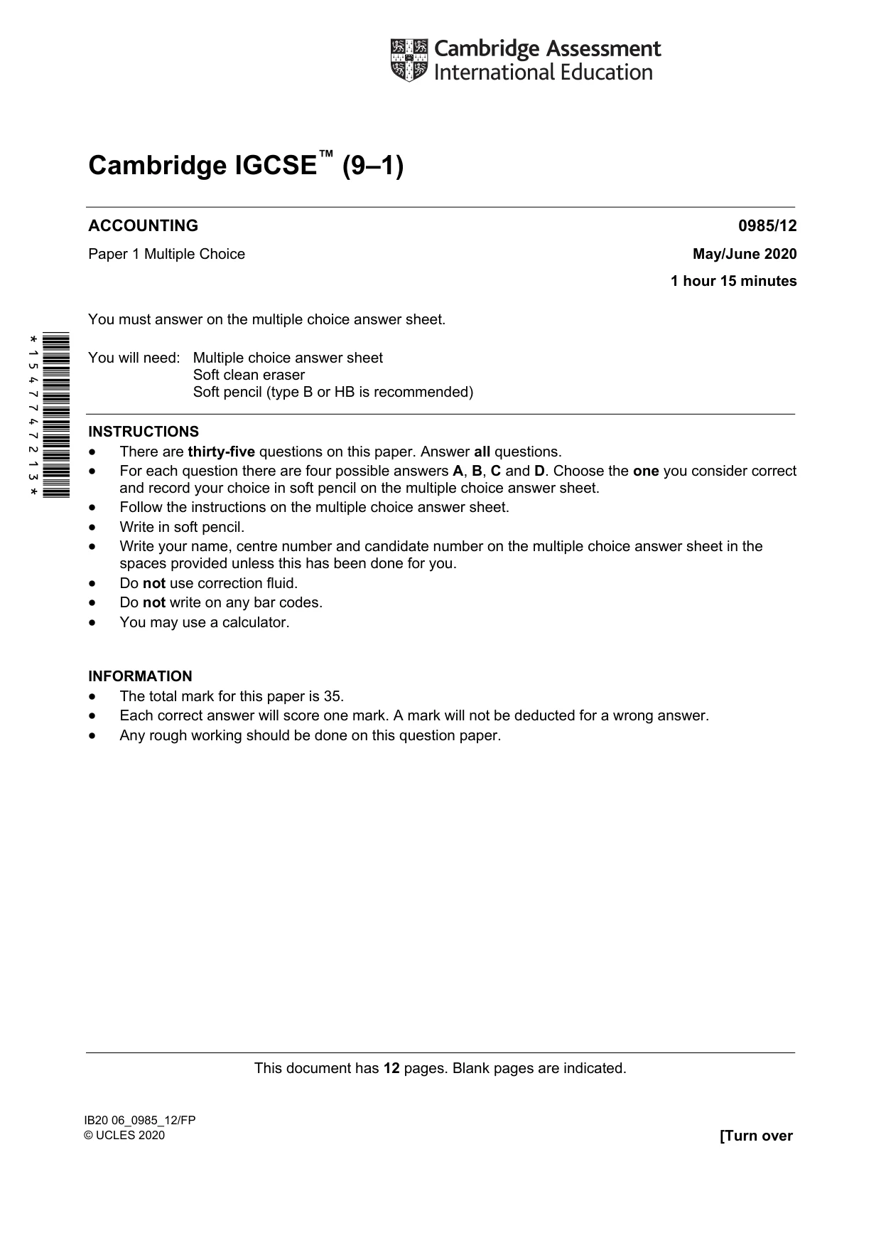 Cambridge IGCSE Accounting (9-1) 0985 2020 May/June Paper 1 · Variant 2 question paper, page 1 of 12
