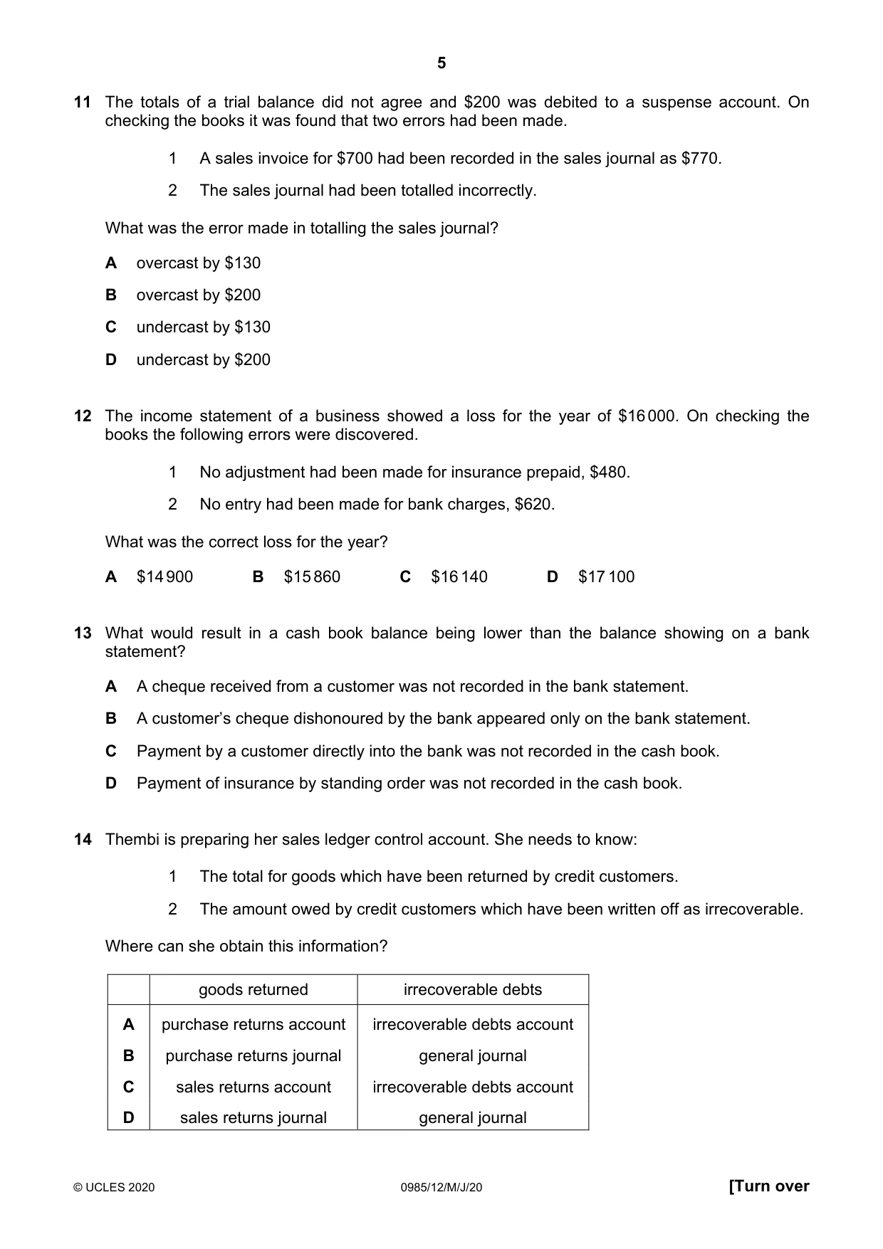 Cambridge IGCSE Accounting (9-1) 0985 2020 May/June Paper 1 · Variant 2 question paper, page 5 of 12