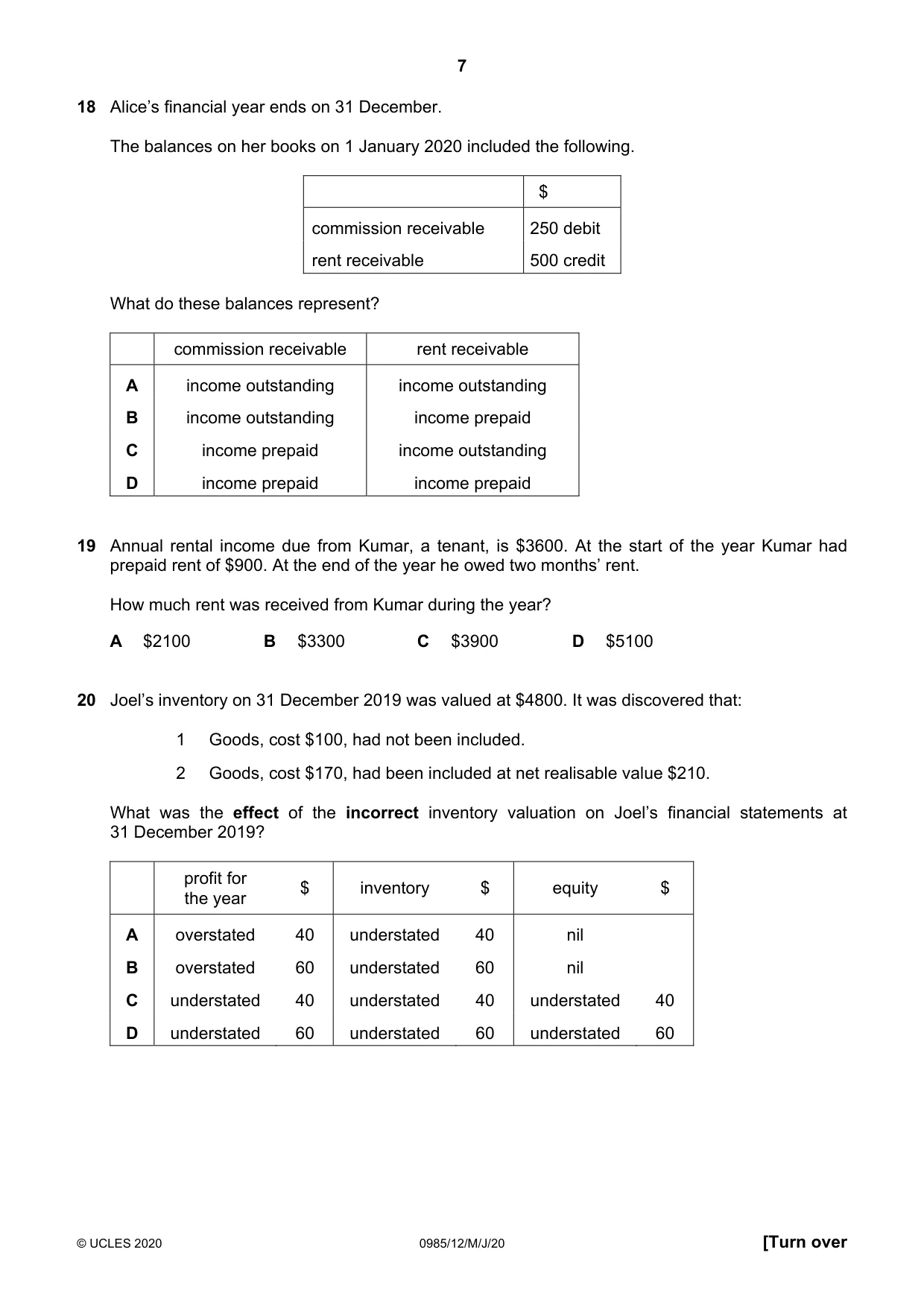 Cambridge IGCSE Accounting (9-1) 0985 2020 May/June Paper 1 · Variant 2 question paper, page 7 of 12
