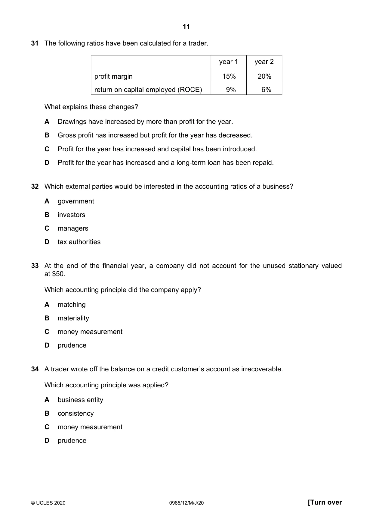 Cambridge IGCSE Accounting (9-1) 0985 2020 May/June Paper 1 · Variant 2 question paper, page 11 of 12