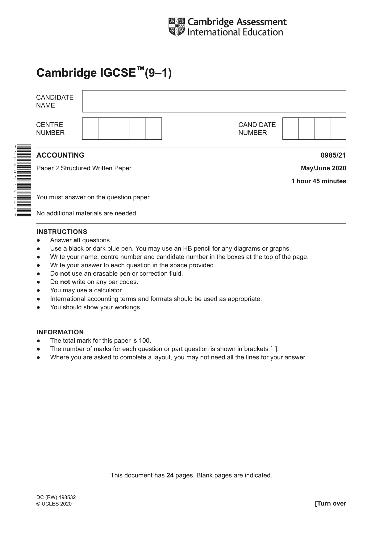 Cambridge IGCSE Accounting (9-1) 0985 2020 May/June Paper 2 · Variant 1 question paper, page 1 of 24