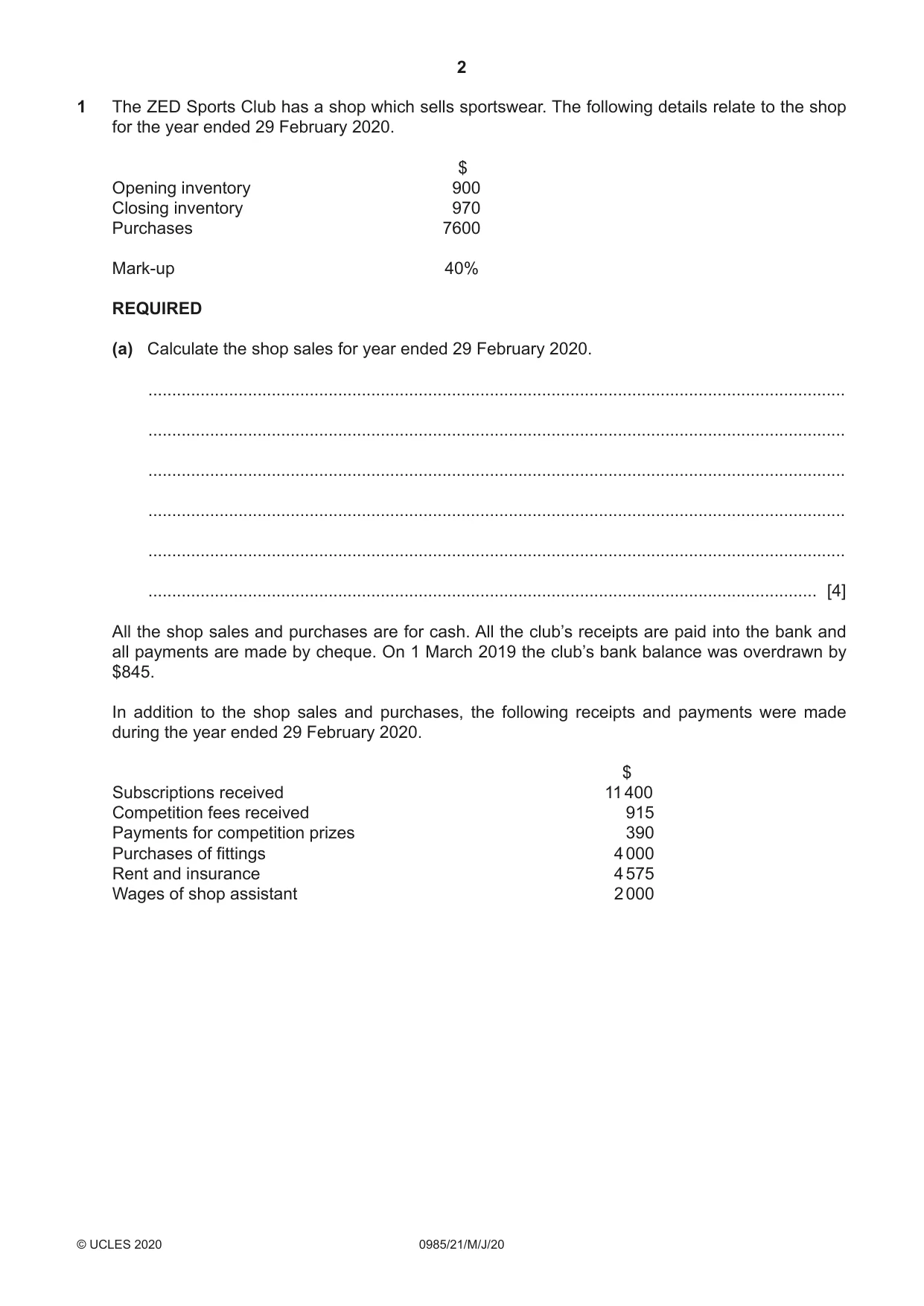 Cambridge IGCSE Accounting (9-1) 0985 2020 May/June Paper 2 · Variant 1 question paper, page 2 of 24