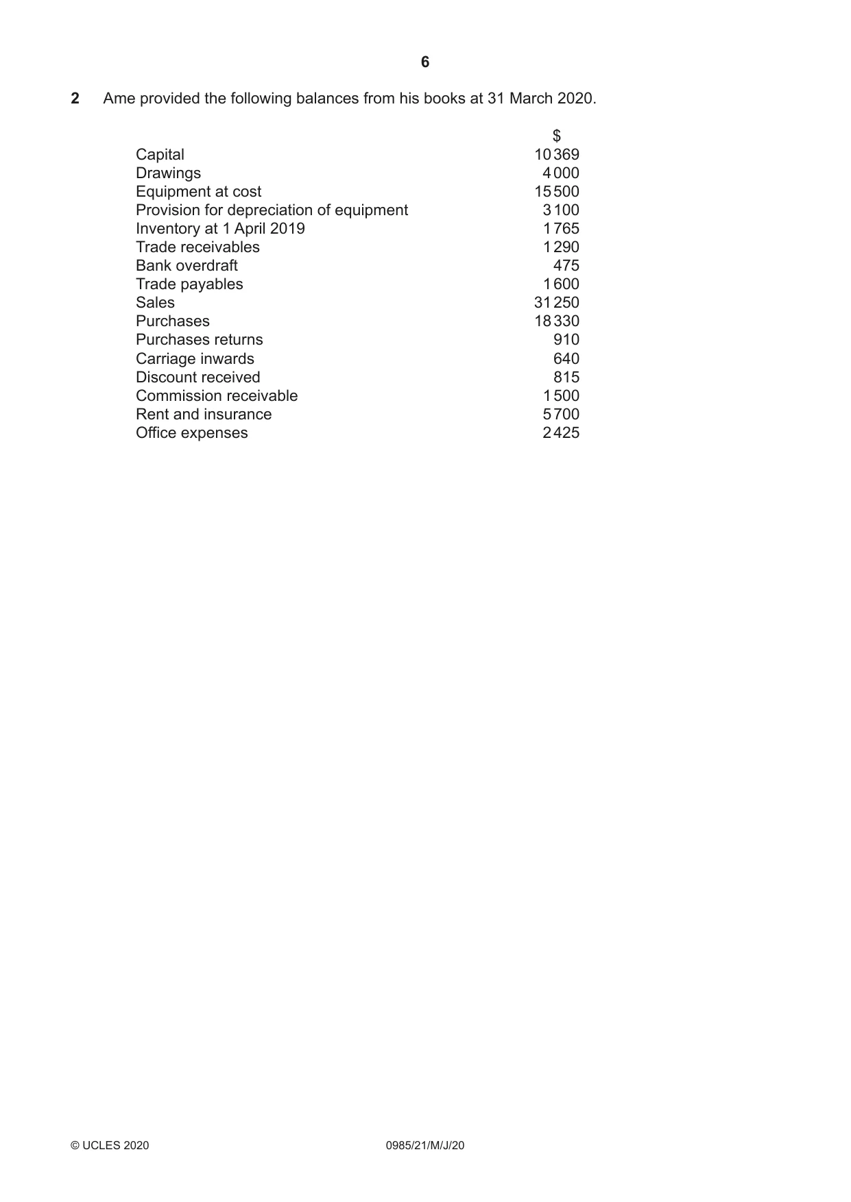 Cambridge IGCSE Accounting (9-1) 0985 2020 May/June Paper 2 · Variant 1 question paper, page 6 of 24