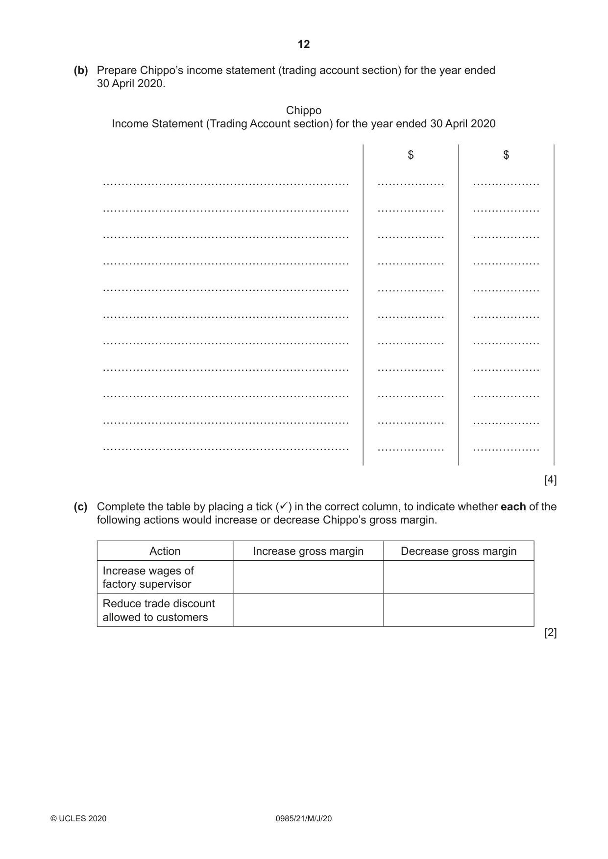 Cambridge IGCSE Accounting (9-1) 0985 2020 May/June Paper 2 · Variant 1 question paper, page 12 of 24