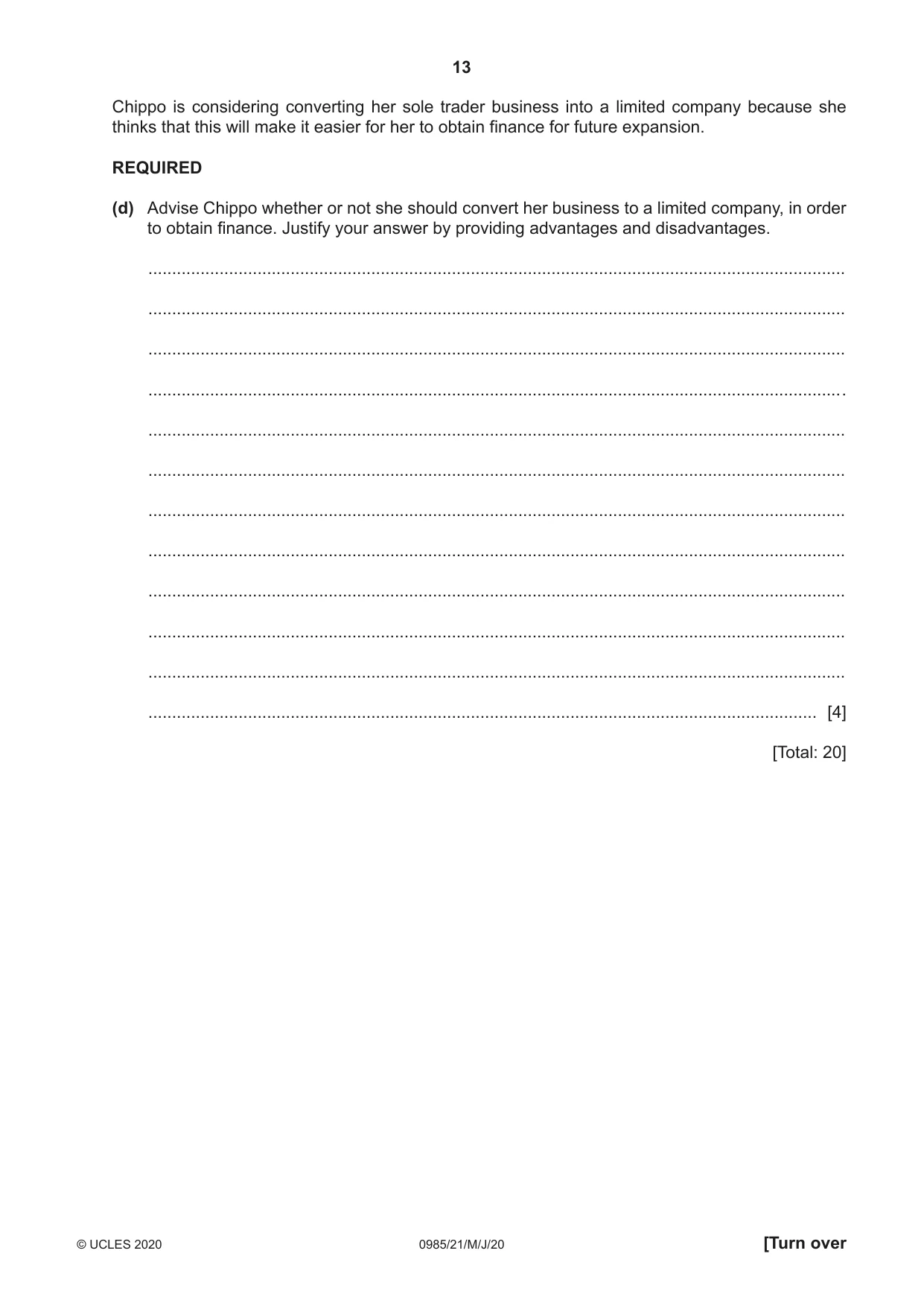 Cambridge IGCSE Accounting (9-1) 0985 2020 May/June Paper 2 · Variant 1 question paper, page 13 of 24