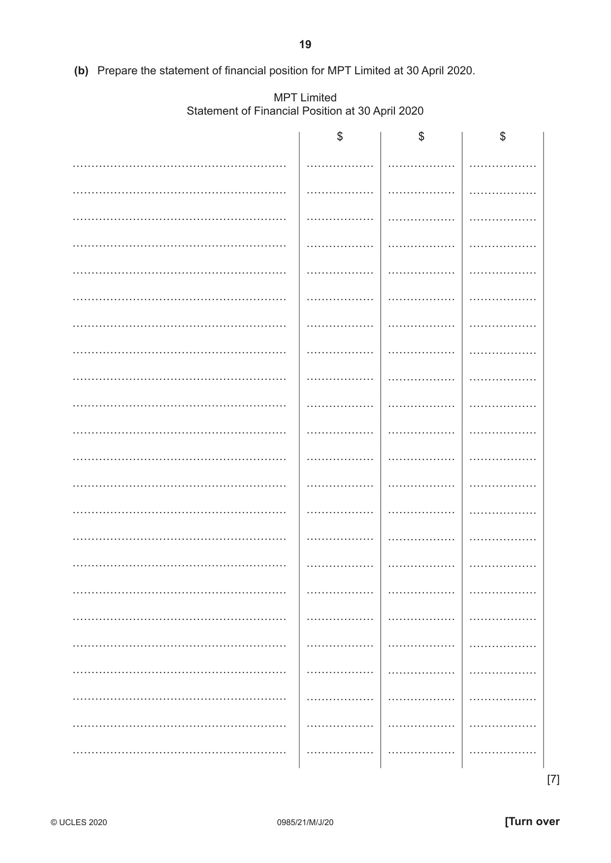 Cambridge IGCSE Accounting (9-1) 0985 2020 May/June Paper 2 · Variant 1 question paper, page 19 of 24