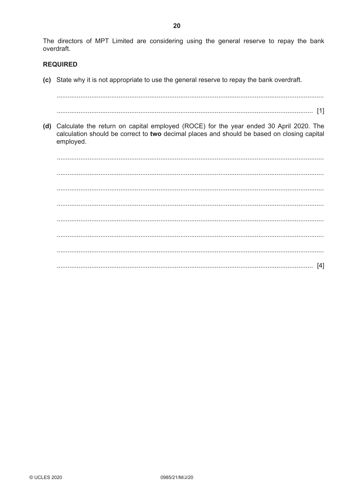 Cambridge IGCSE Accounting (9-1) 0985 2020 May/June Paper 2 · Variant 1 question paper, page 20 of 24