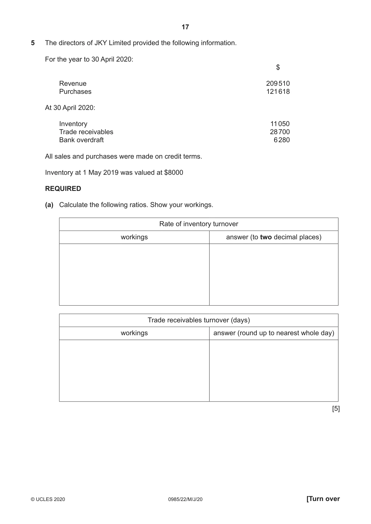 Cambridge IGCSE Accounting (9-1) 0985 2020 May/June Paper 2 · Variant 2 question paper, page 17 of 20