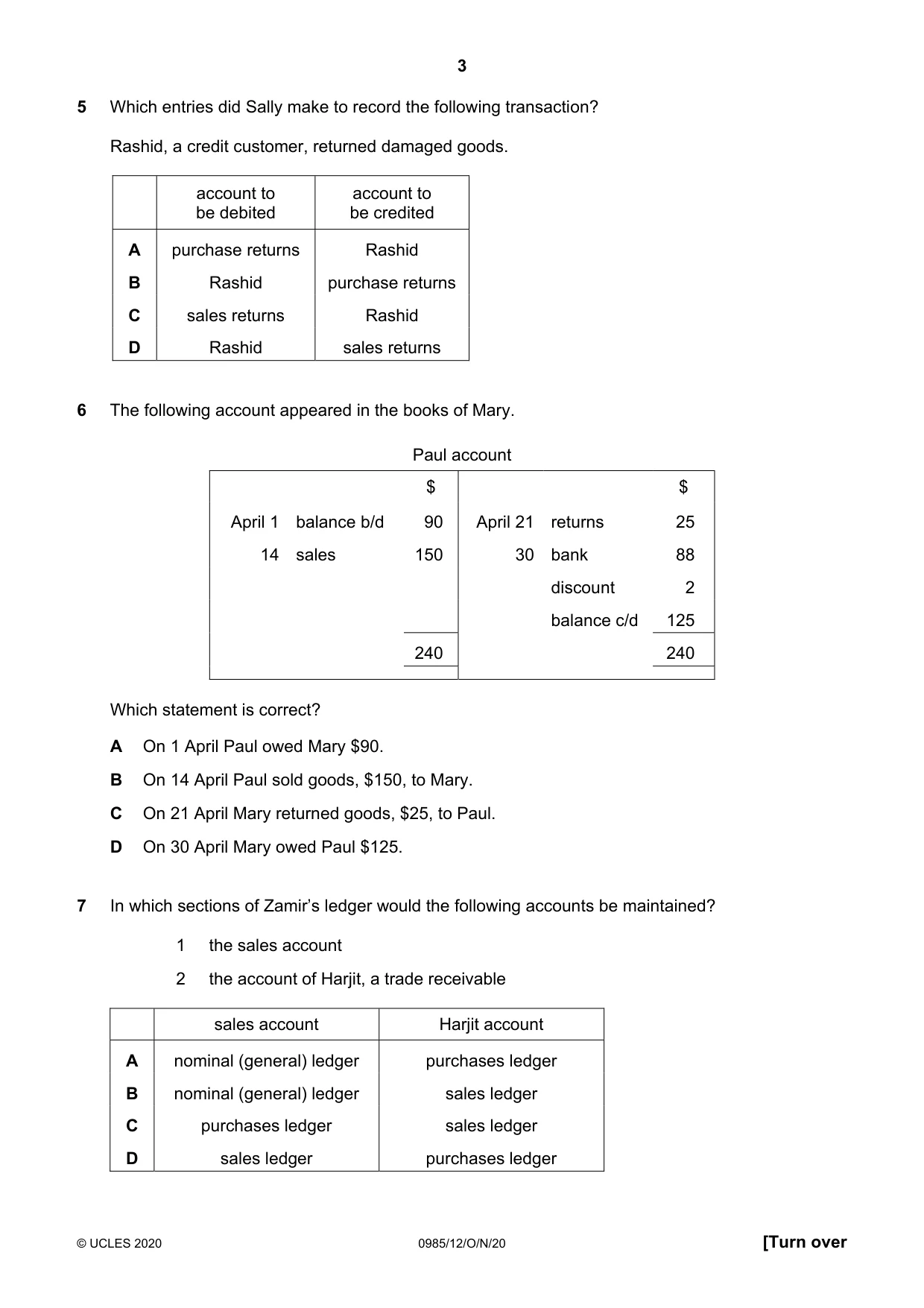 Cambridge IGCSE Accounting (9-1) 0985 2020 Oct/Nov Paper 1 · Variant 2 question paper, page 3 of 12