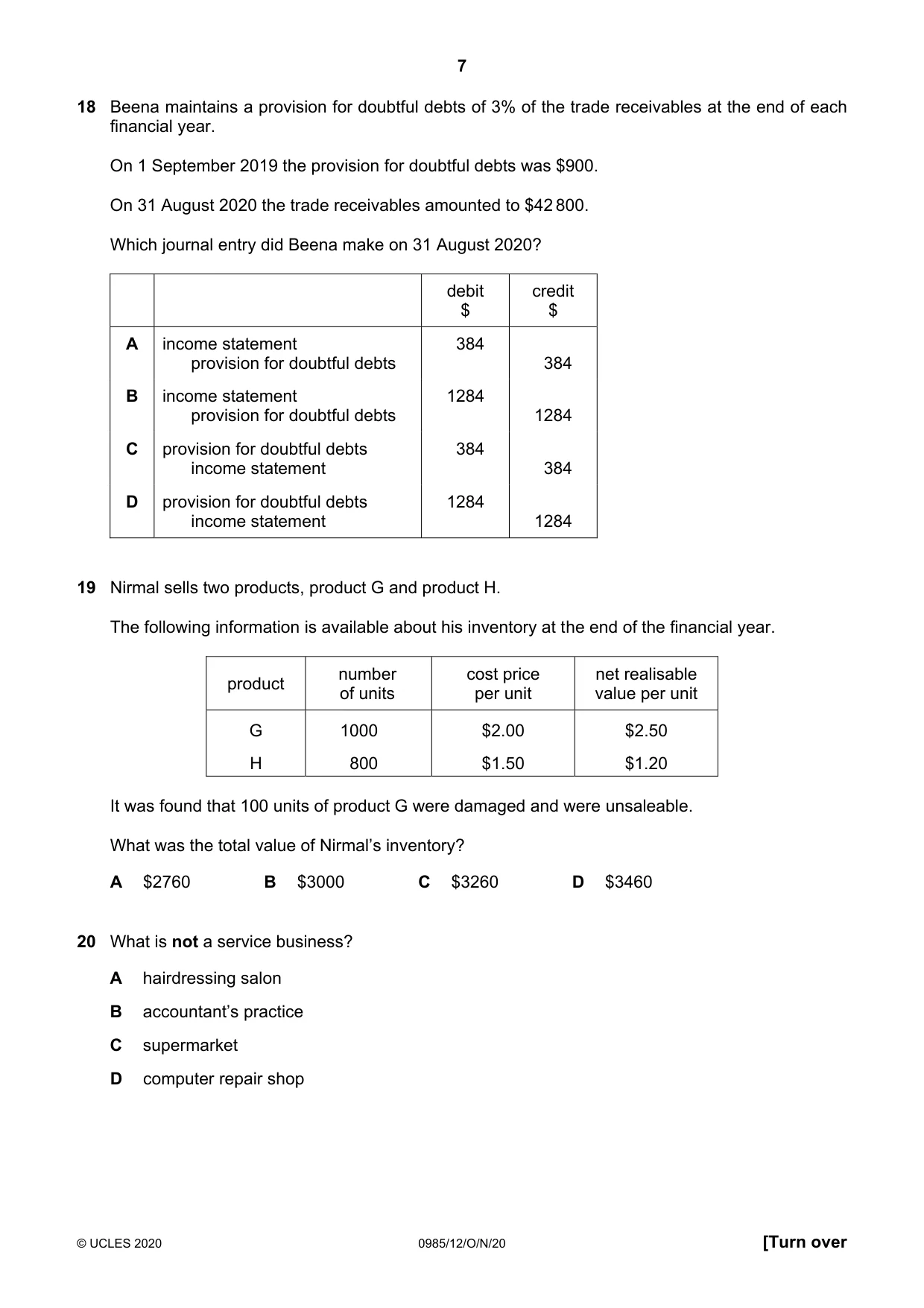 Cambridge IGCSE Accounting (9-1) 0985 2020 Oct/Nov Paper 1 · Variant 2 question paper, page 7 of 12