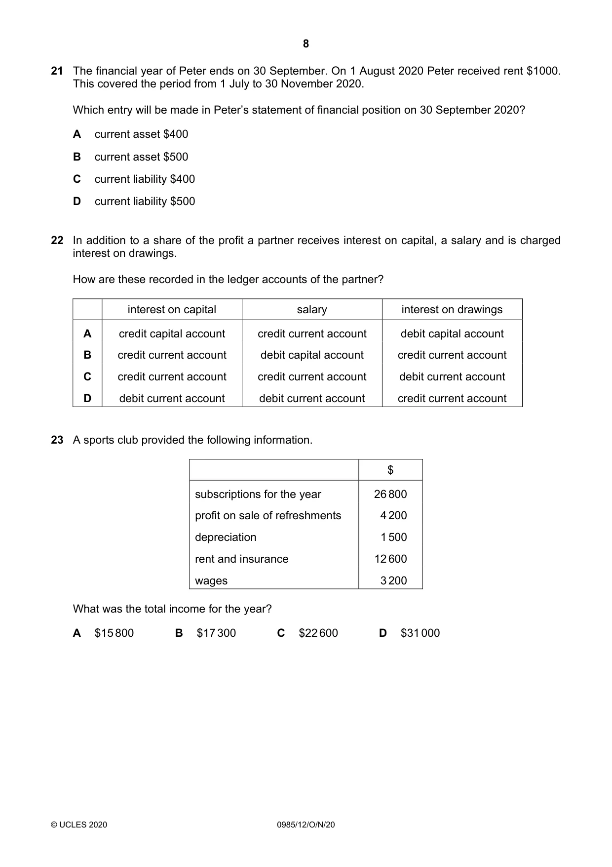 Cambridge IGCSE Accounting (9-1) 0985 2020 Oct/Nov Paper 1 · Variant 2 question paper, page 8 of 12