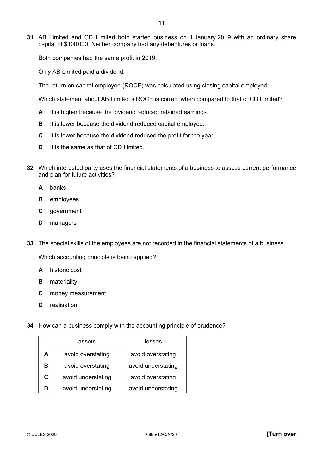 Cambridge IGCSE Accounting (9-1) 0985 2020 Oct/Nov Paper 1 · Variant 2 question paper, page 11 of 12