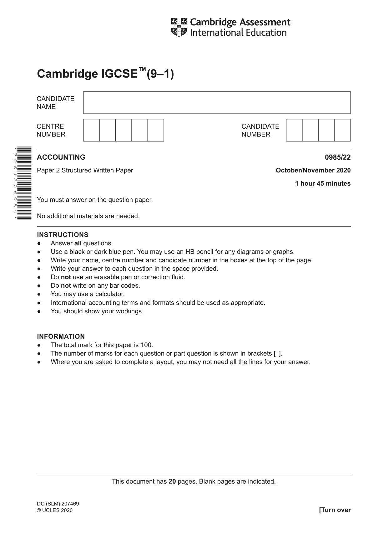 Cambridge IGCSE Accounting (9-1) 0985 2020 Oct/Nov Paper 2 · Variant 2 question paper, page 1 of 20