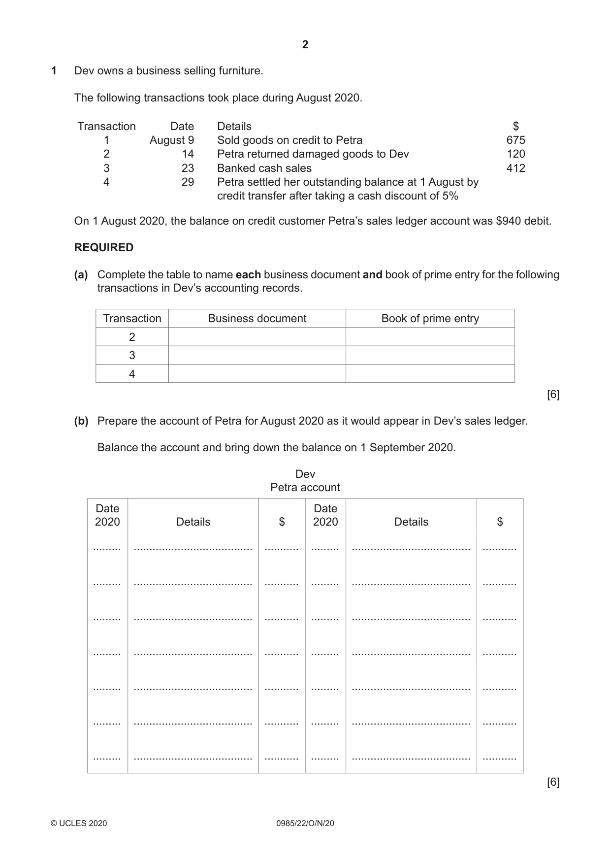 Cambridge IGCSE Accounting (9-1) 0985 2020 Oct/Nov Paper 2 · Variant 2 question paper, page 2 of 20