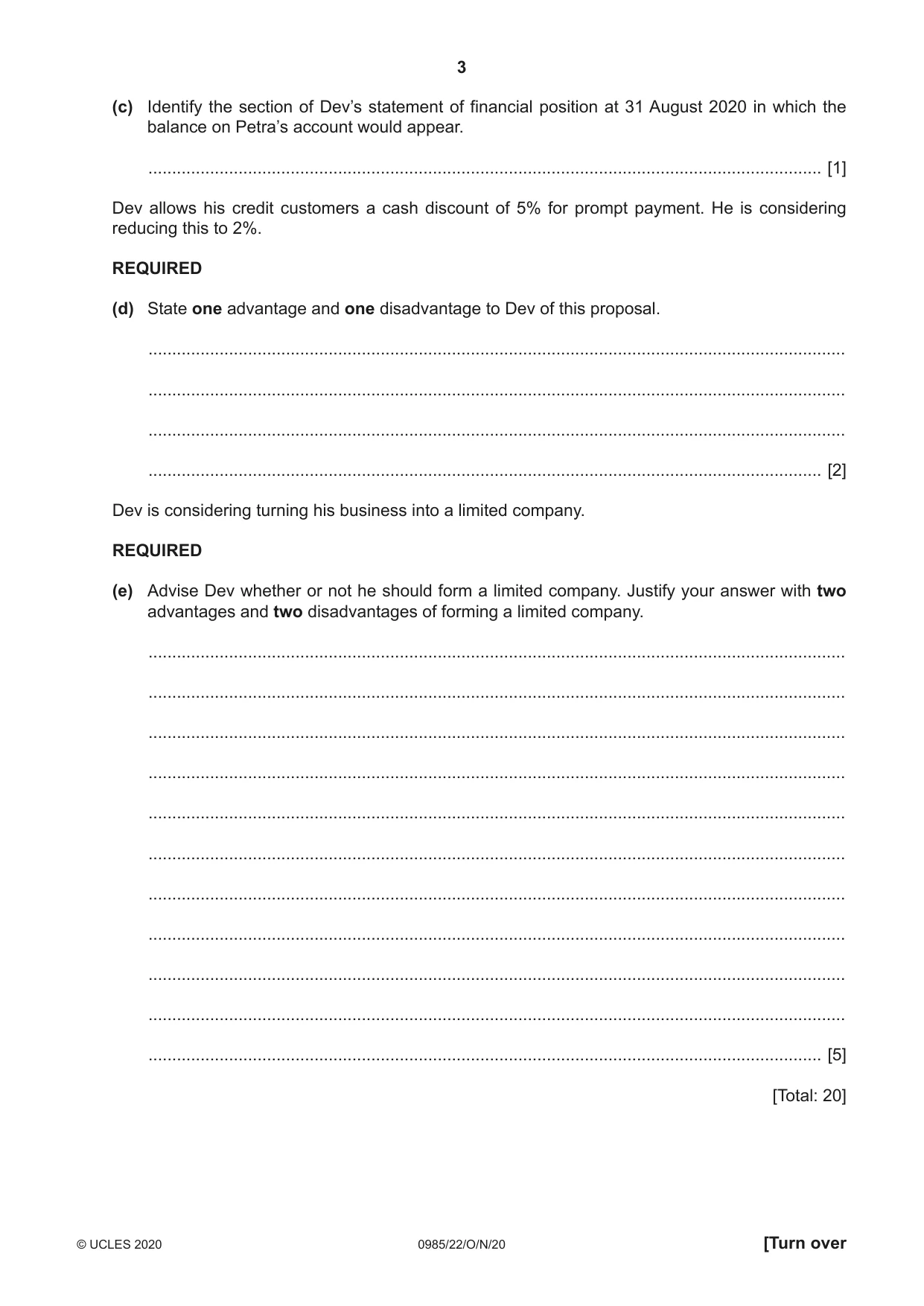 Cambridge IGCSE Accounting (9-1) 0985 2020 Oct/Nov Paper 2 · Variant 2 question paper, page 3 of 20
