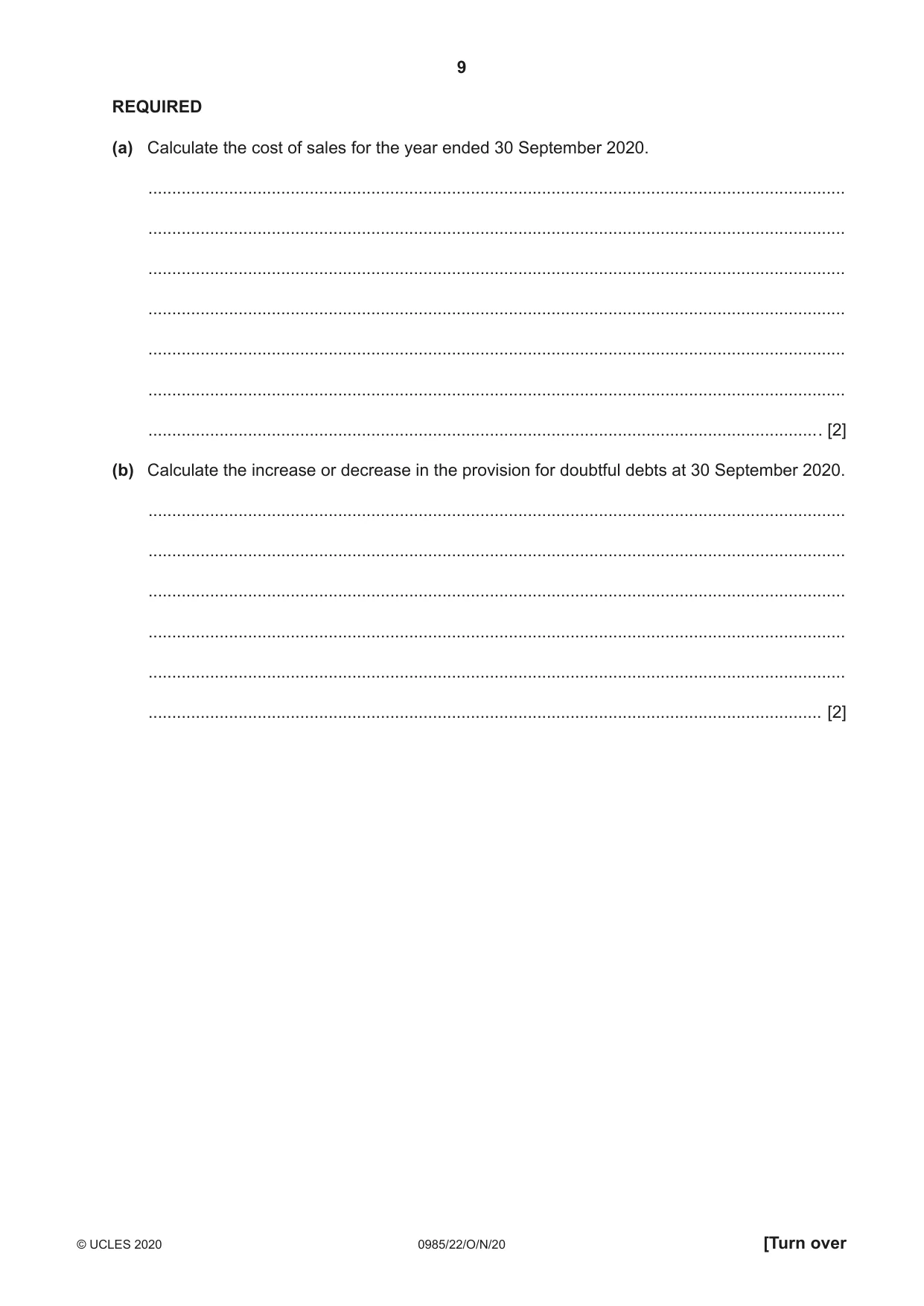 Cambridge IGCSE Accounting (9-1) 0985 2020 Oct/Nov Paper 2 · Variant 2 question paper, page 9 of 20