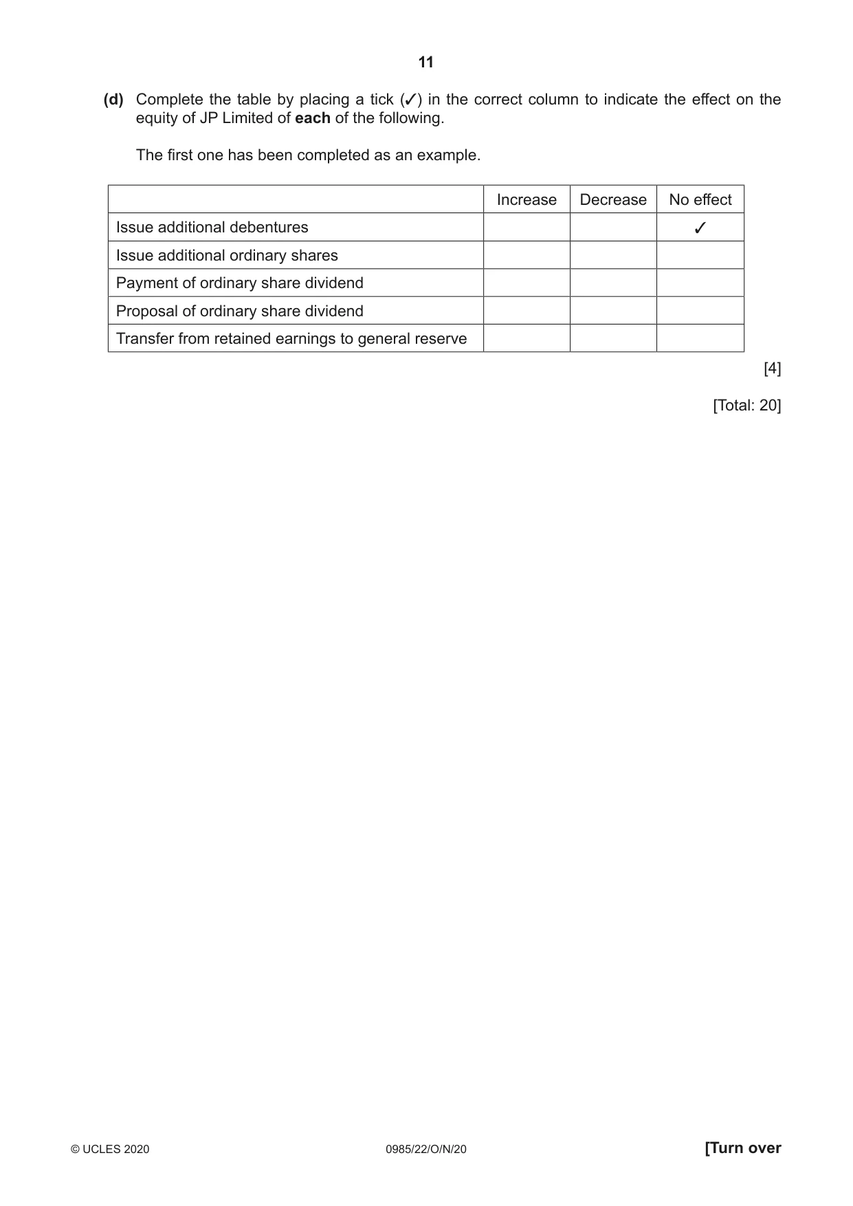 Cambridge IGCSE Accounting (9-1) 0985 2020 Oct/Nov Paper 2 · Variant 2 question paper, page 11 of 20
