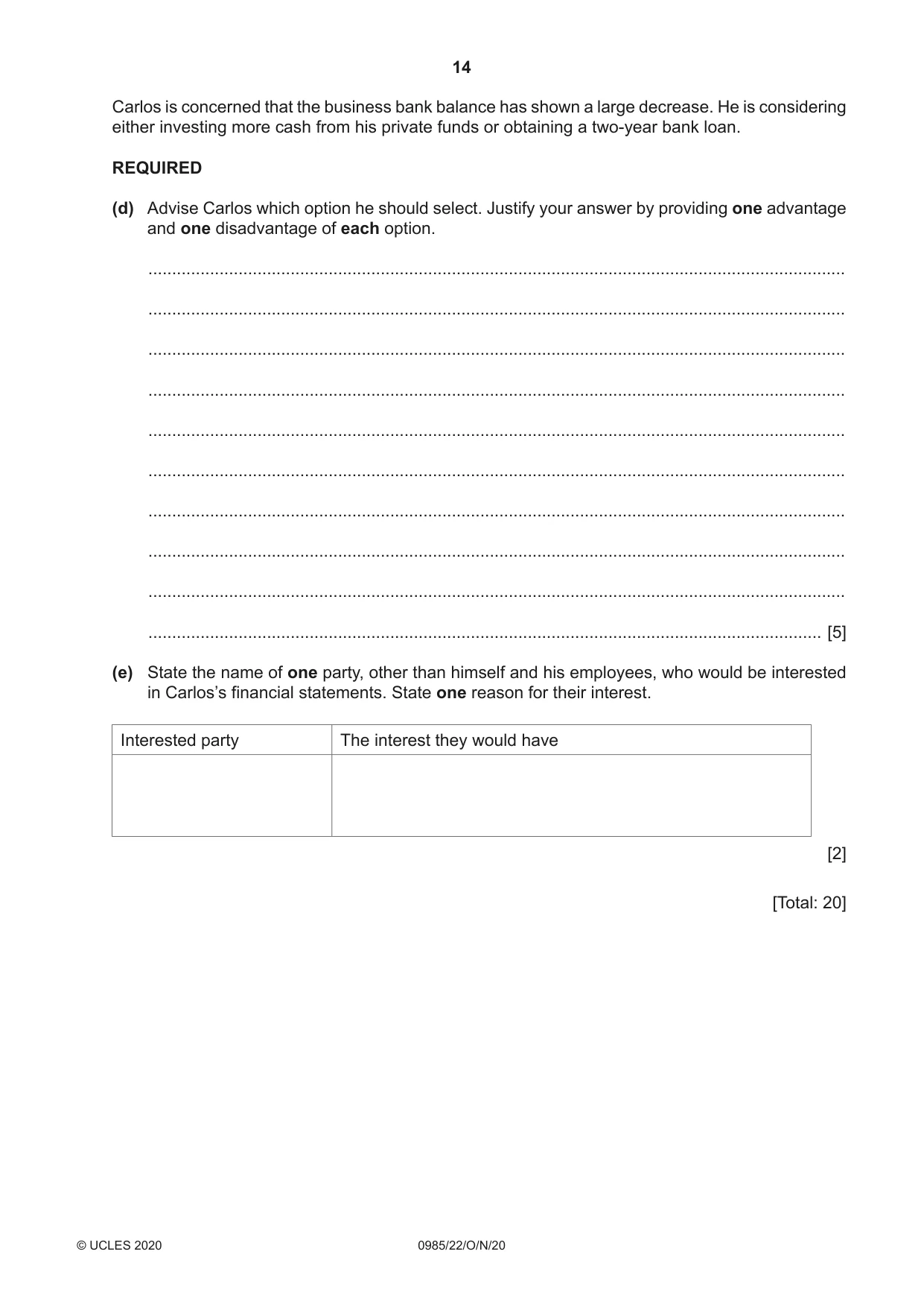 Cambridge IGCSE Accounting (9-1) 0985 2020 Oct/Nov Paper 2 · Variant 2 question paper, page 14 of 20