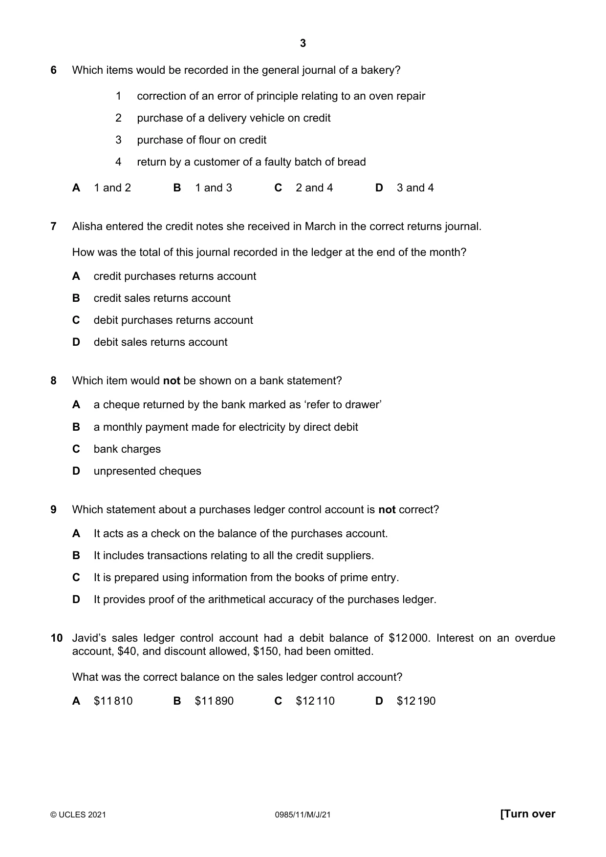 Cambridge IGCSE Accounting (9-1) 0985 2021 May/June Paper 1 · Variant 1 question paper, page 3 of 12