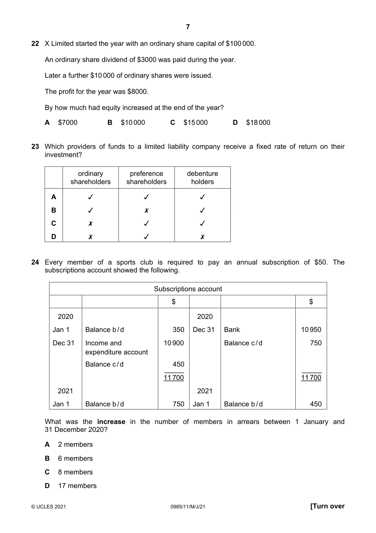 Cambridge IGCSE Accounting (9-1) 0985 2021 May/June Paper 1 · Variant 1 question paper, page 7 of 12