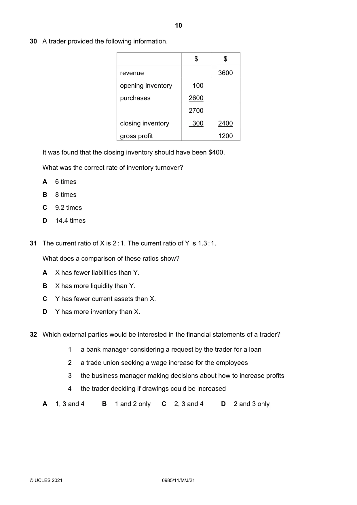 Cambridge IGCSE Accounting (9-1) 0985 2021 May/June Paper 1 · Variant 1 question paper, page 10 of 12