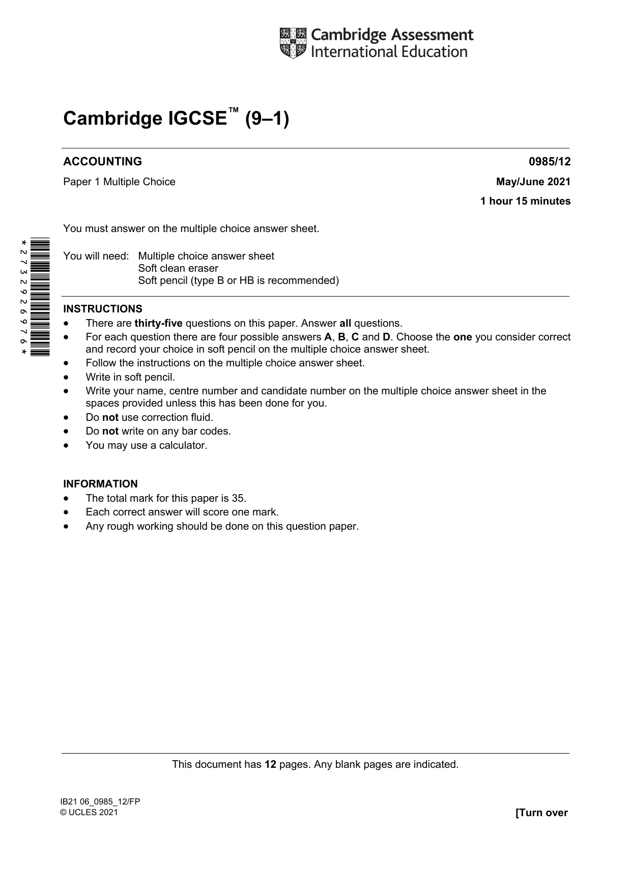 Cambridge IGCSE Accounting (9-1) 0985 2021 May/June Paper 1 · Variant 2 question paper, page 1 of 12