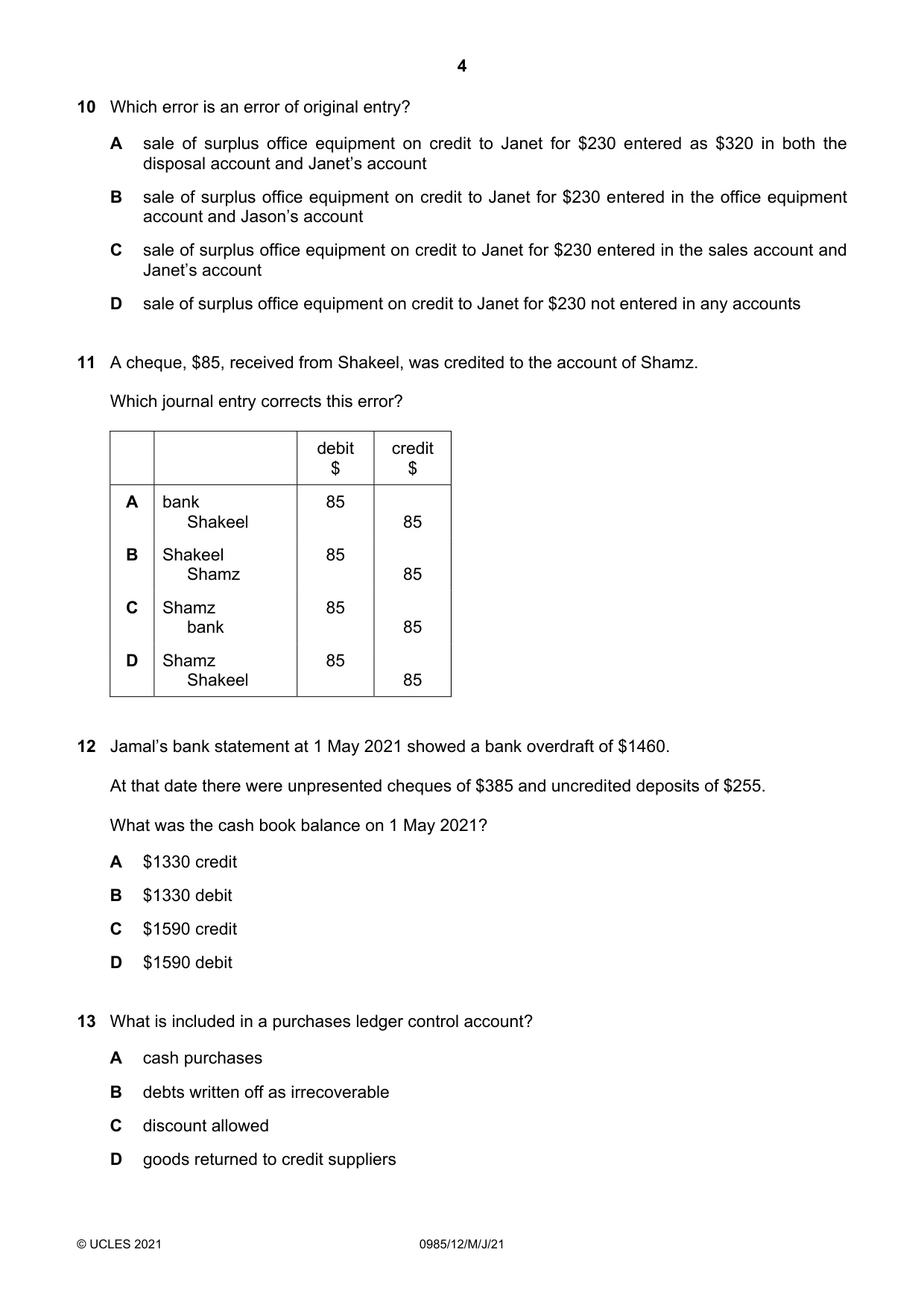 Cambridge IGCSE Accounting (9-1) 0985 2021 May/June Paper 1 · Variant 2 question paper, page 4 of 12