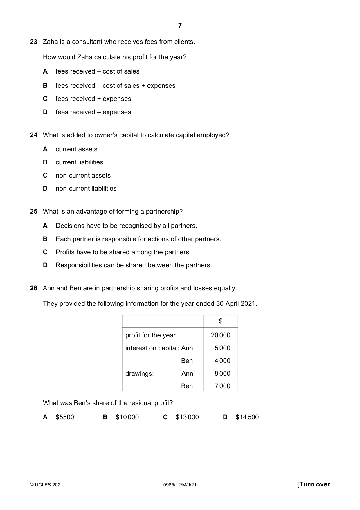 Cambridge IGCSE Accounting (9-1) 0985 2021 May/June Paper 1 · Variant 2 question paper, page 7 of 12