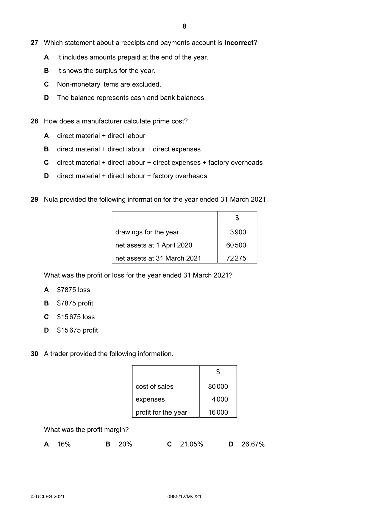 Cambridge IGCSE Accounting (9-1) 0985 2021 May/June Paper 1 · Variant 2 question paper, page 8 of 12