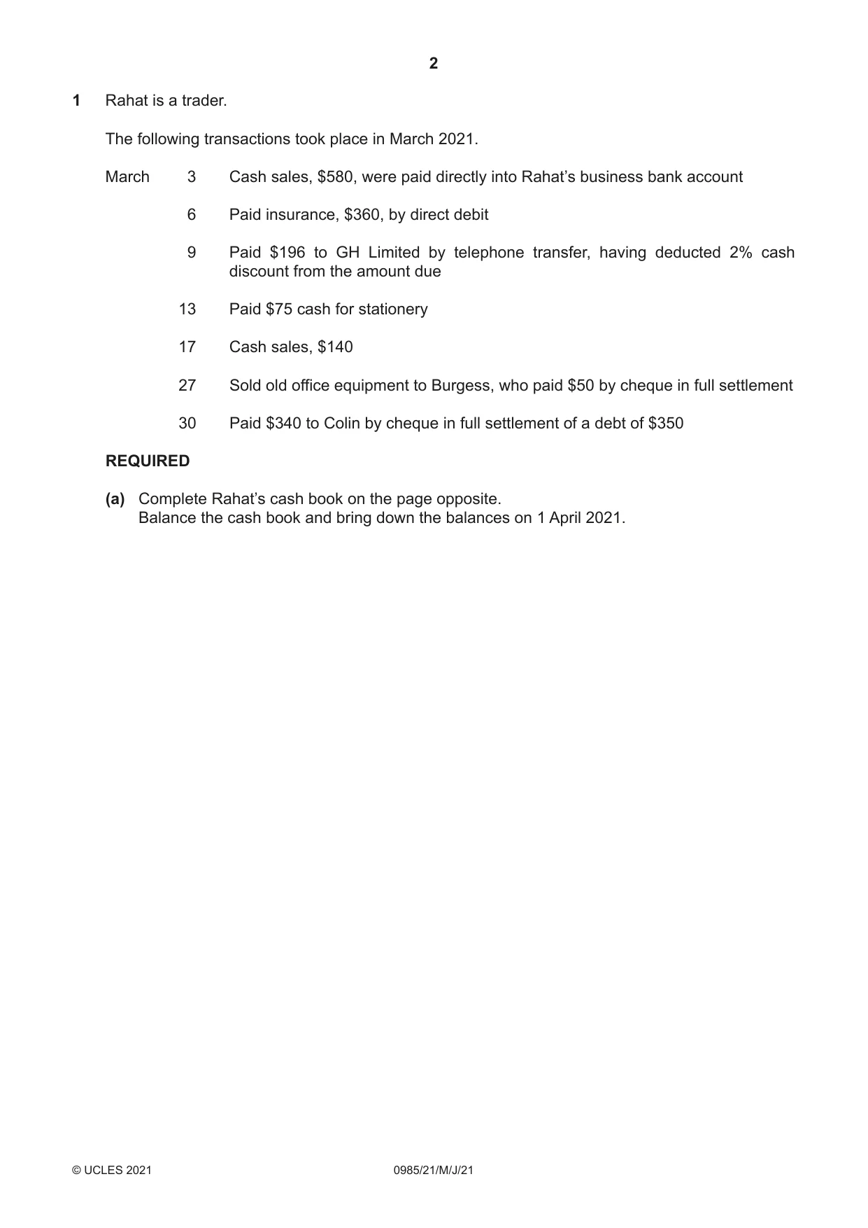 Cambridge IGCSE Accounting (9-1) 0985 2021 May/June Paper 2 · Variant 1 question paper, page 2 of 24